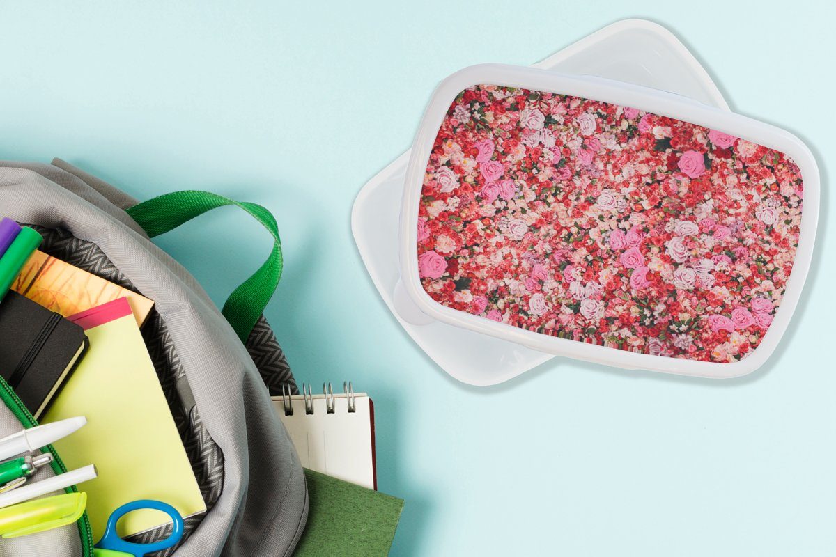 für weiß Rosen, Jungs für und Erwachsene, Kunststoff, und Kinder Blumen Brotdose, Lunchbox - - Mädchen Brotbox (2-tlg), Farben MuchoWow