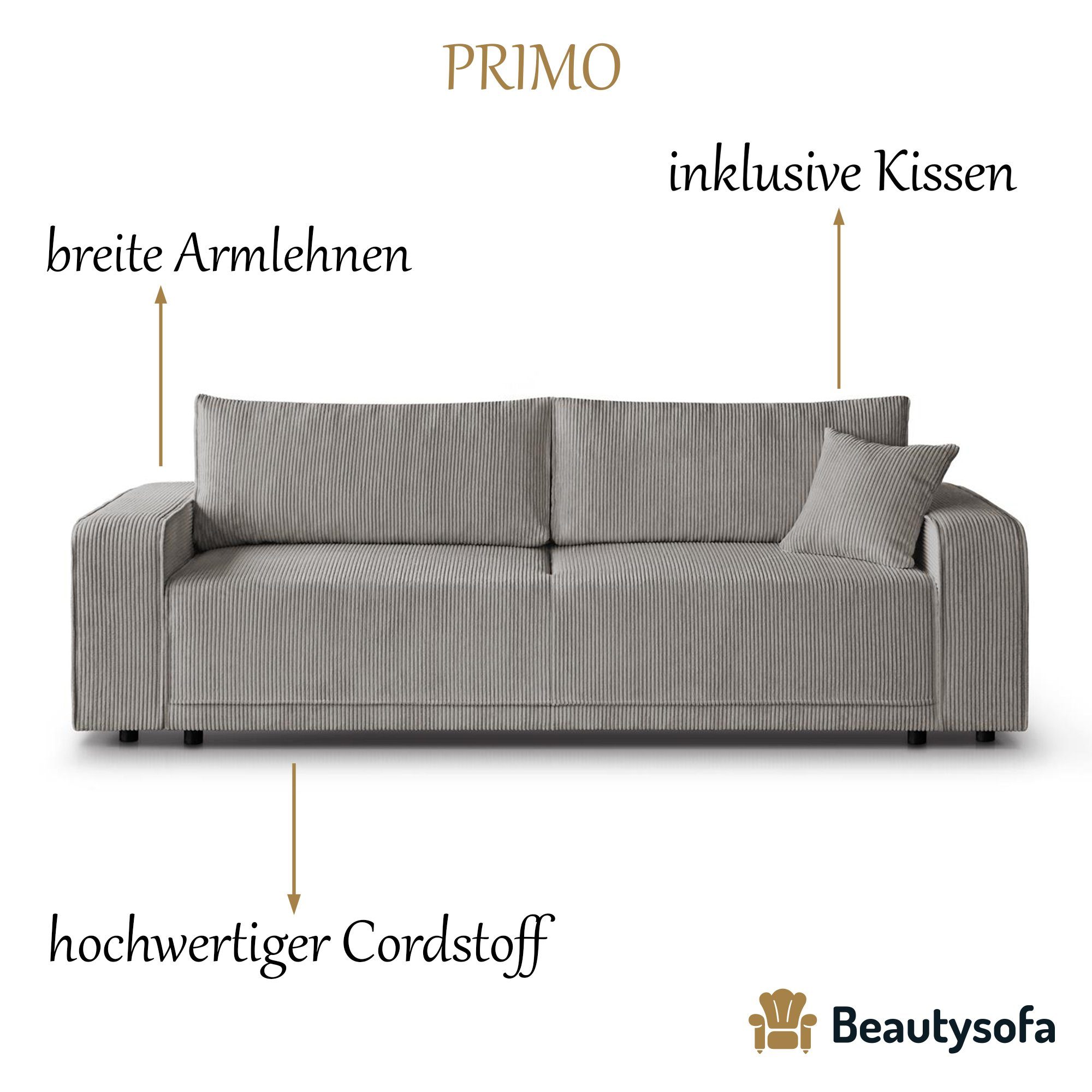 Design Cappucino Wellenfedern, Schlaffunktion, PRIMO, Beautysofa Armlehnen Schlafsofa modernes Sofa, 02) Bettkasten, breite (poso
