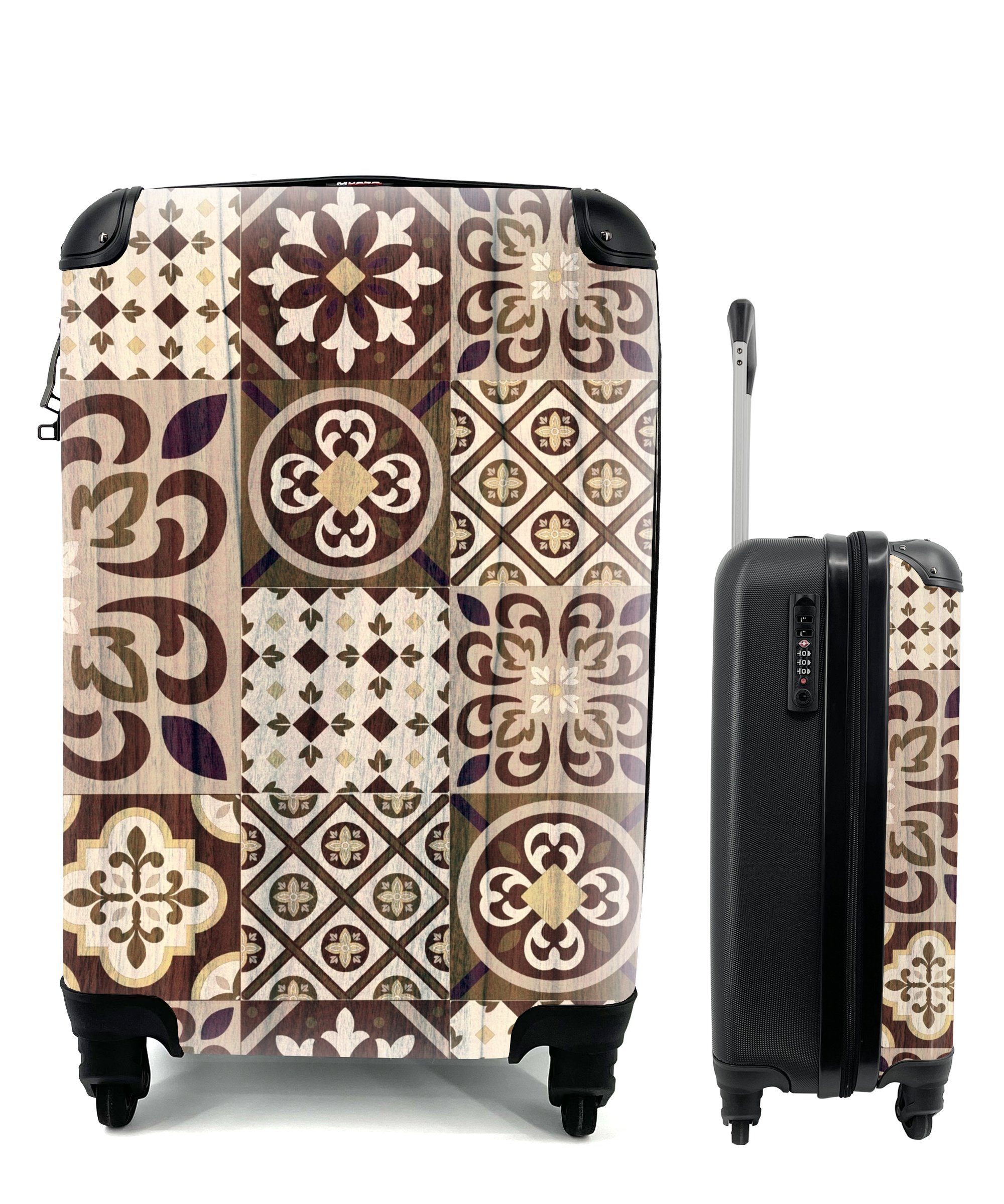 MuchoWow Handgepäckkoffer Retro Braun 4 Reisetasche - Handgepäck Reisekoffer rollen, mit Muster für Abstrakt, Ferien, Rollen, Trolley, - 