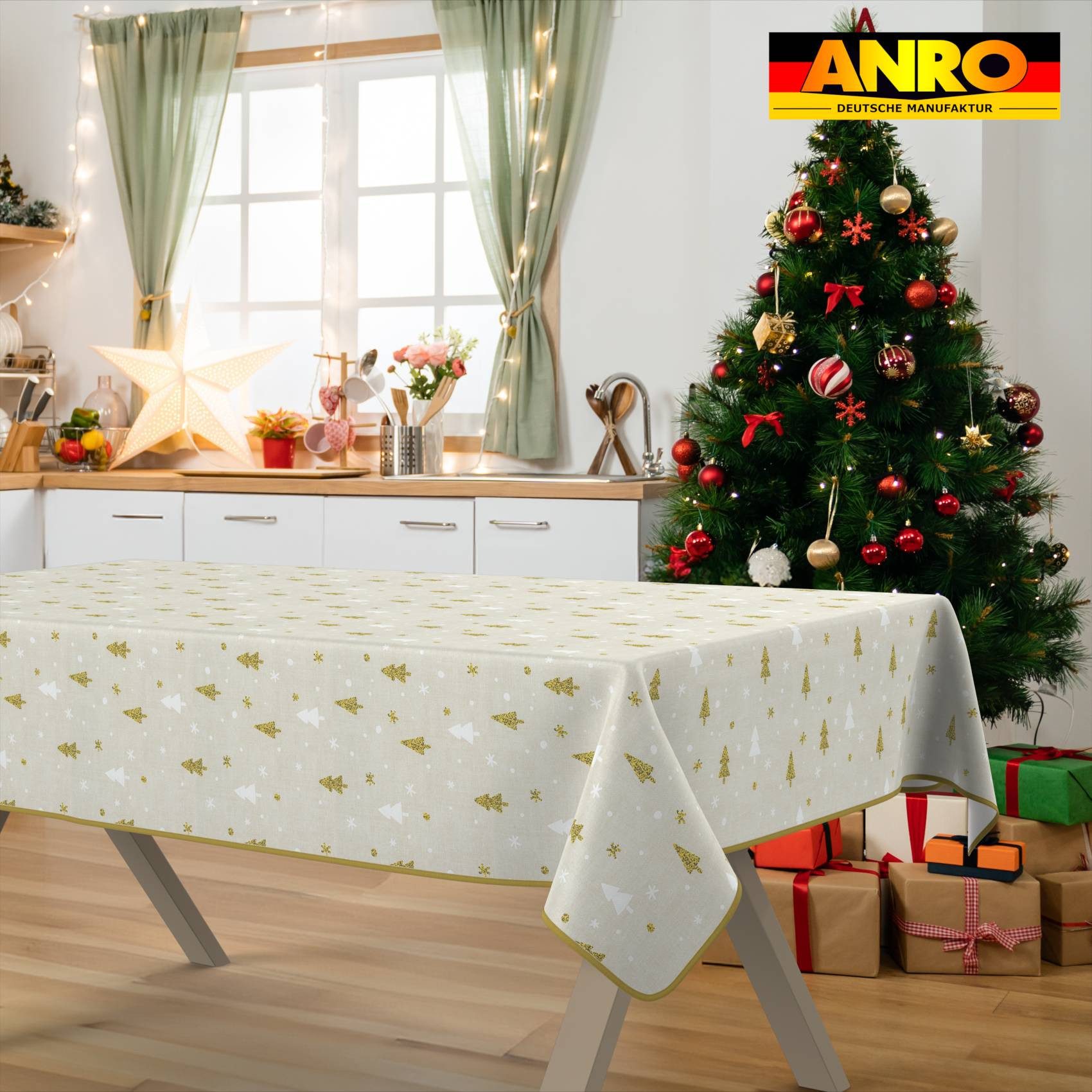 ANRO Tischdecke pflegeleicht Weihnachten Tischtuch Christmas Tannenbaum Tischwäsche (Einzelstück 1-tlg), Schutz-Beschichtung wasserabweisend Gold 100x140cm