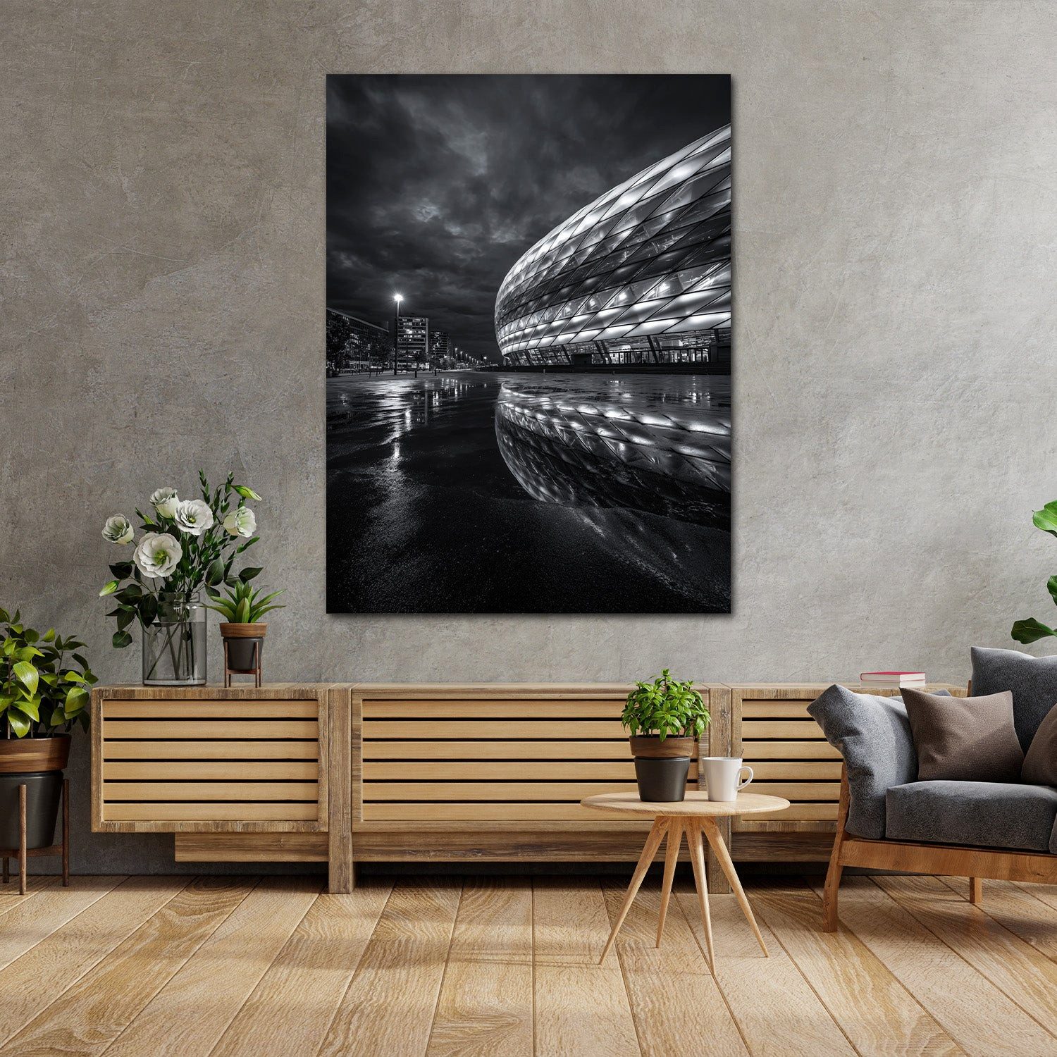Artedinoi Leinwandbild Stadion Allianz München schwarz weiß Leinwandbild Wandbild Kunstdruck, Münchner Fußballarena, S/W
