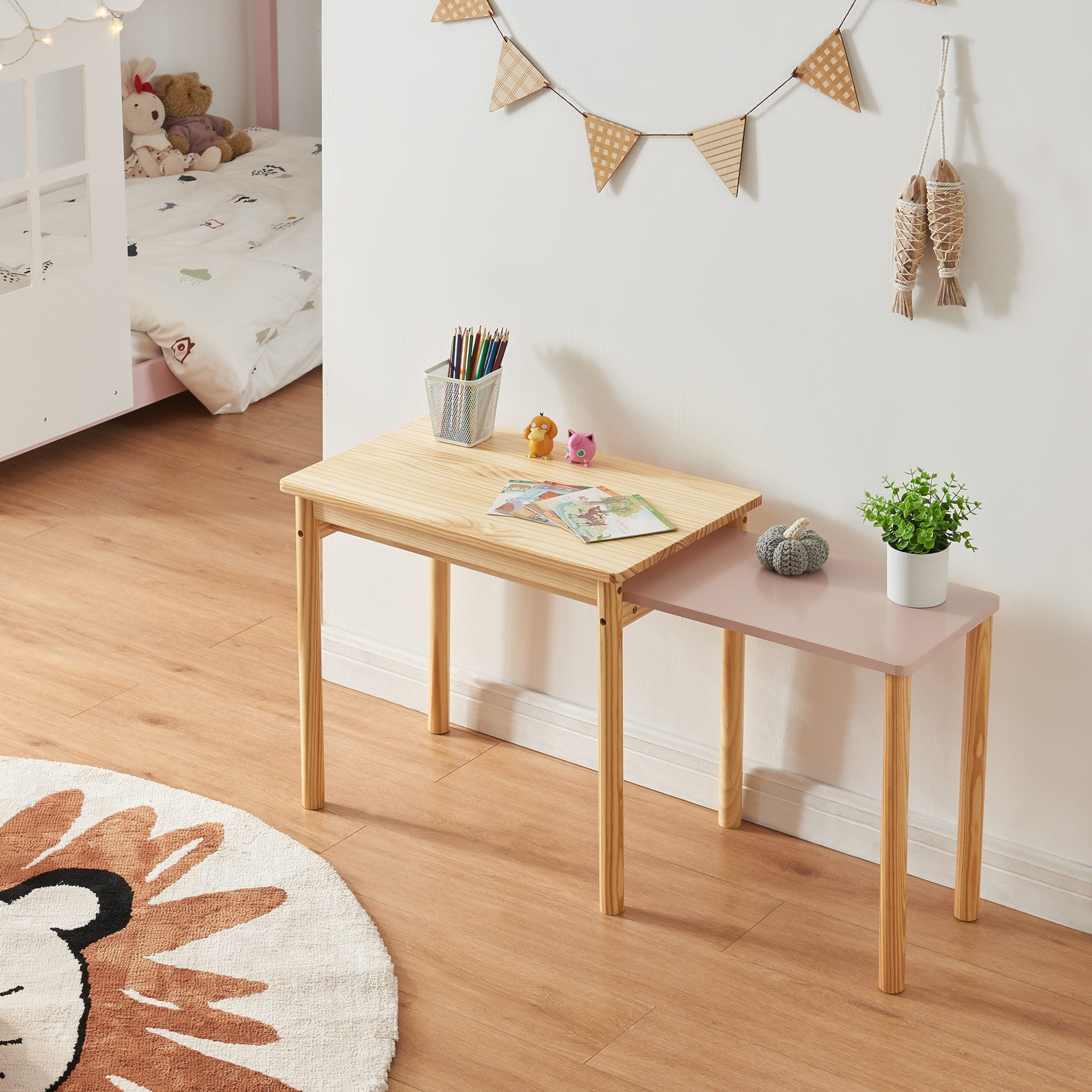 en.casa Kindertisch, »Skellefteå« ausziehbar 60x38x52 cm Kiefernholz+MDF Natur/Rosa