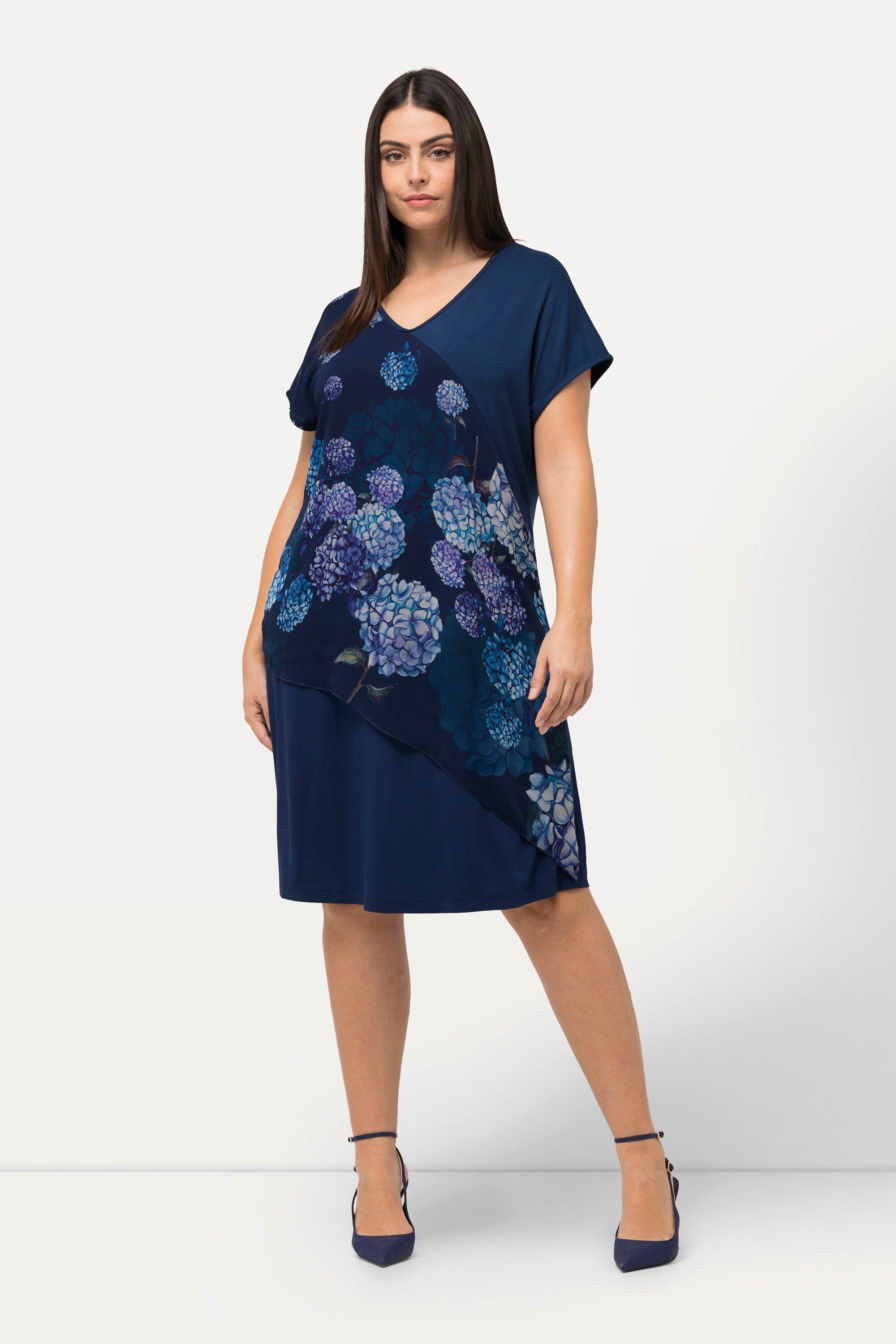 Ulla Popken Minikleid Jerseykleid Hortensien V-Ausschnitt günstig online kaufen