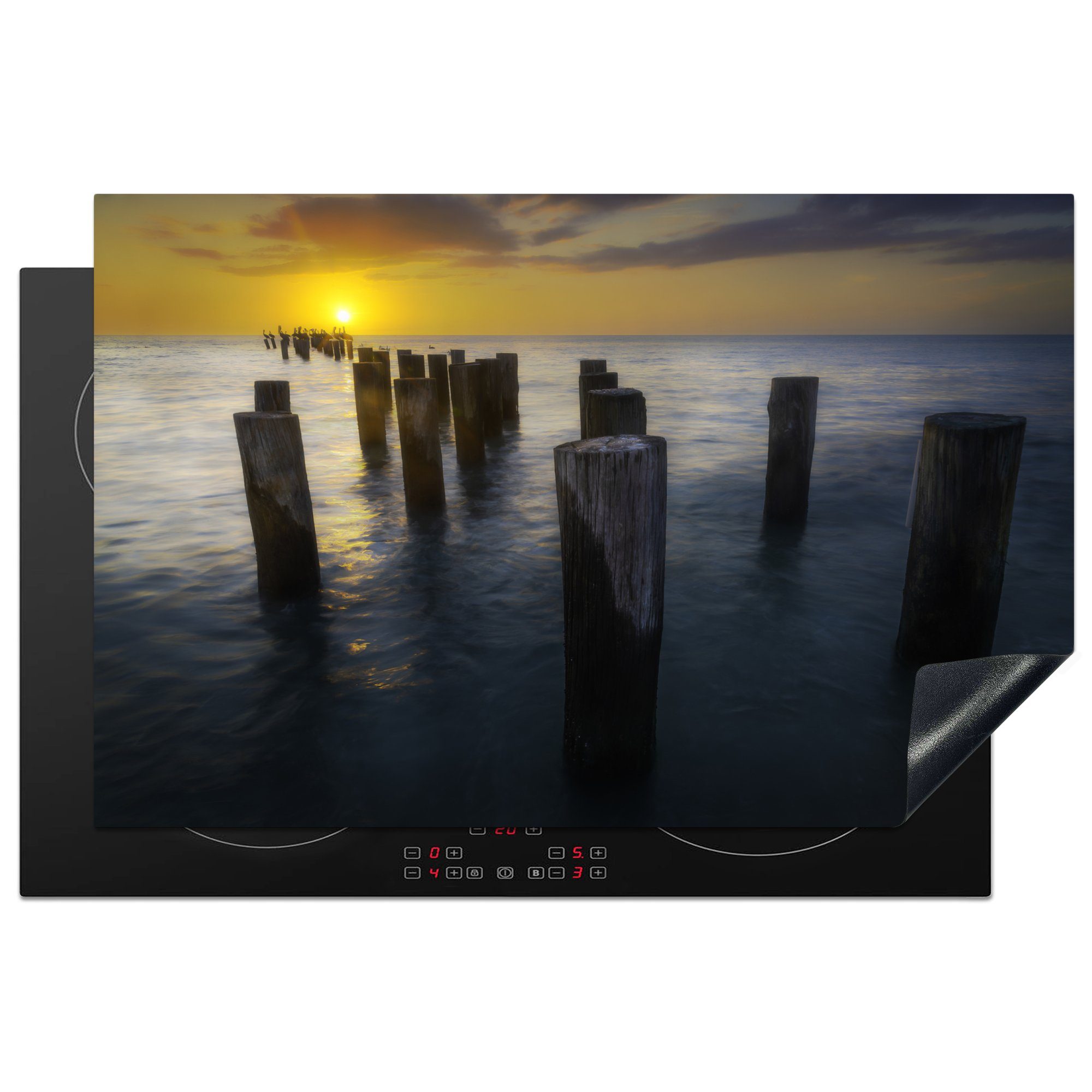 MuchoWow Herdblende-/Abdeckplatte Holzpfähle im Golf von Mexiko bei Sonnenuntergang, Florida, Vinyl, (1 tlg), 81x52 cm, Induktionskochfeld Schutz für die küche, Ceranfeldabdeckung