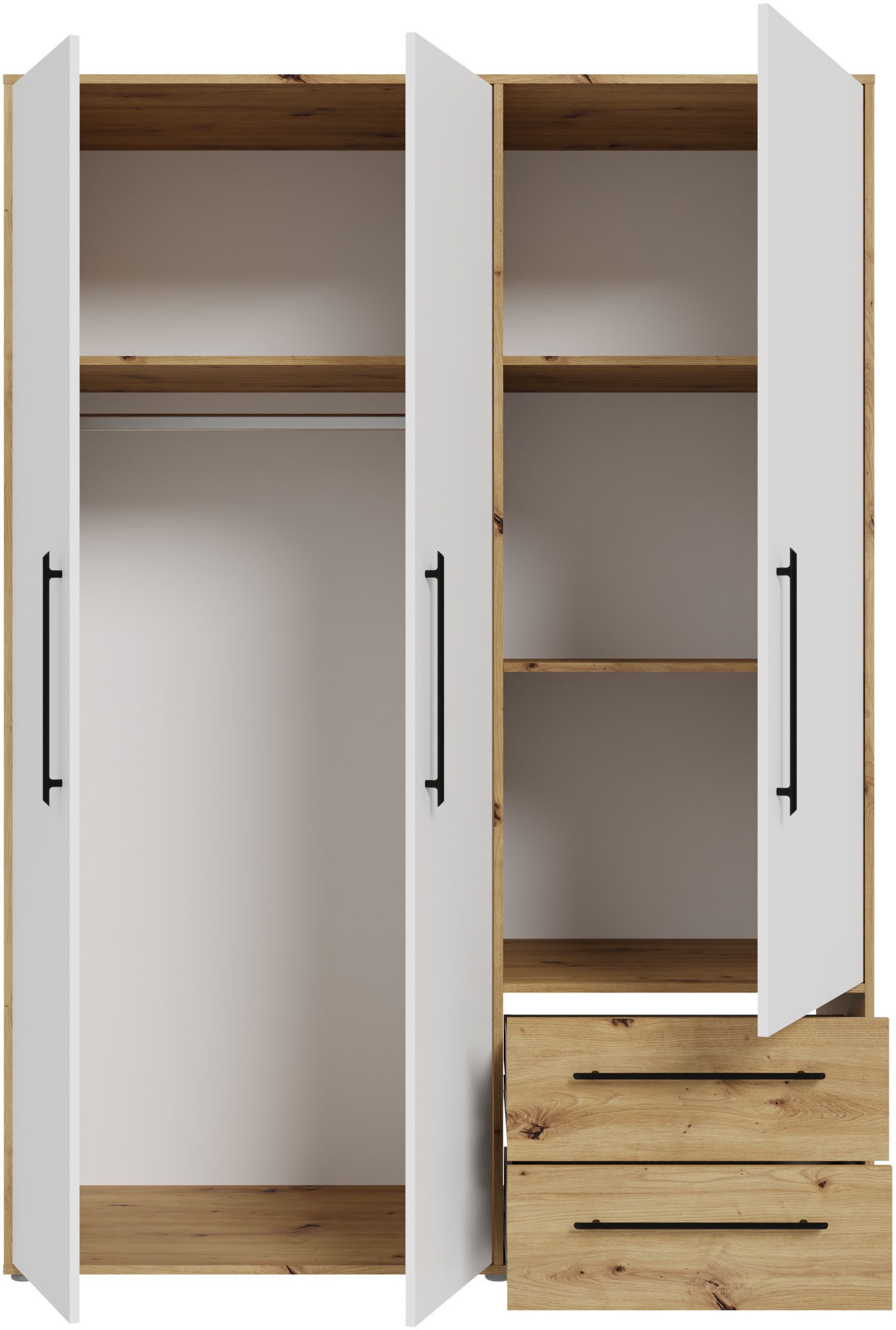 FORTE Kleiderschrank Mokkaris, Garderobe, zeitloses Design, 3 Türen, Made in Europe (B/H/T ca. 144x200x59cm) Zwei Schubladen, schwarze Stangengriffe, Stauraum,  – Bild 4 von 5