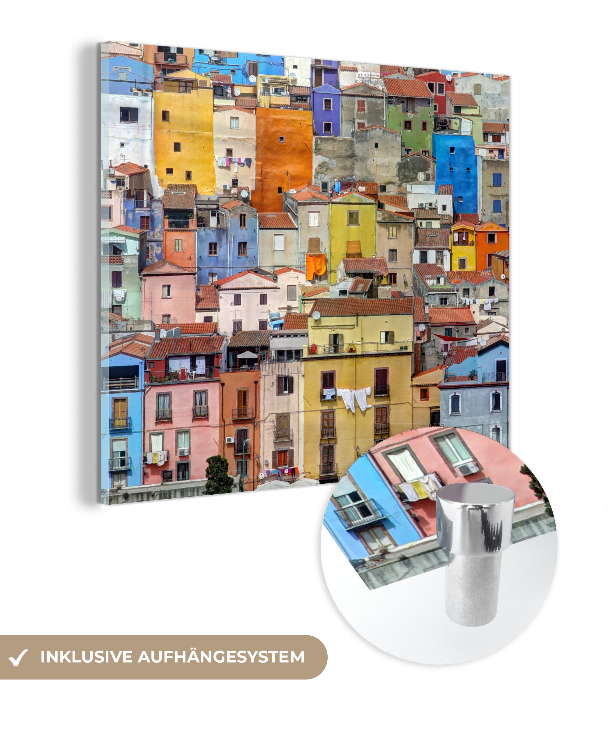 auf Glas Wanddekoration auf Foto Sardinien, - Nahaufnahme Acrylglasbild MuchoWow - Wandbild (1 - Glasbilder St), Bilder Glas auf bunter Häuser