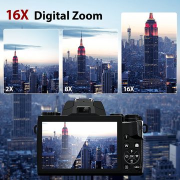 Fine Life Pro Digitalkamera 4K Autofokus 64MP 16X Digitalzoom Kompaktkamera (WLAN (Wi-Fi), inkl. Touchscreen Fotokamera mit Haube, Kompaktkamera mit WiFi Funktion, Vlog Kamera für Senioren Anfänger (Schwarz)