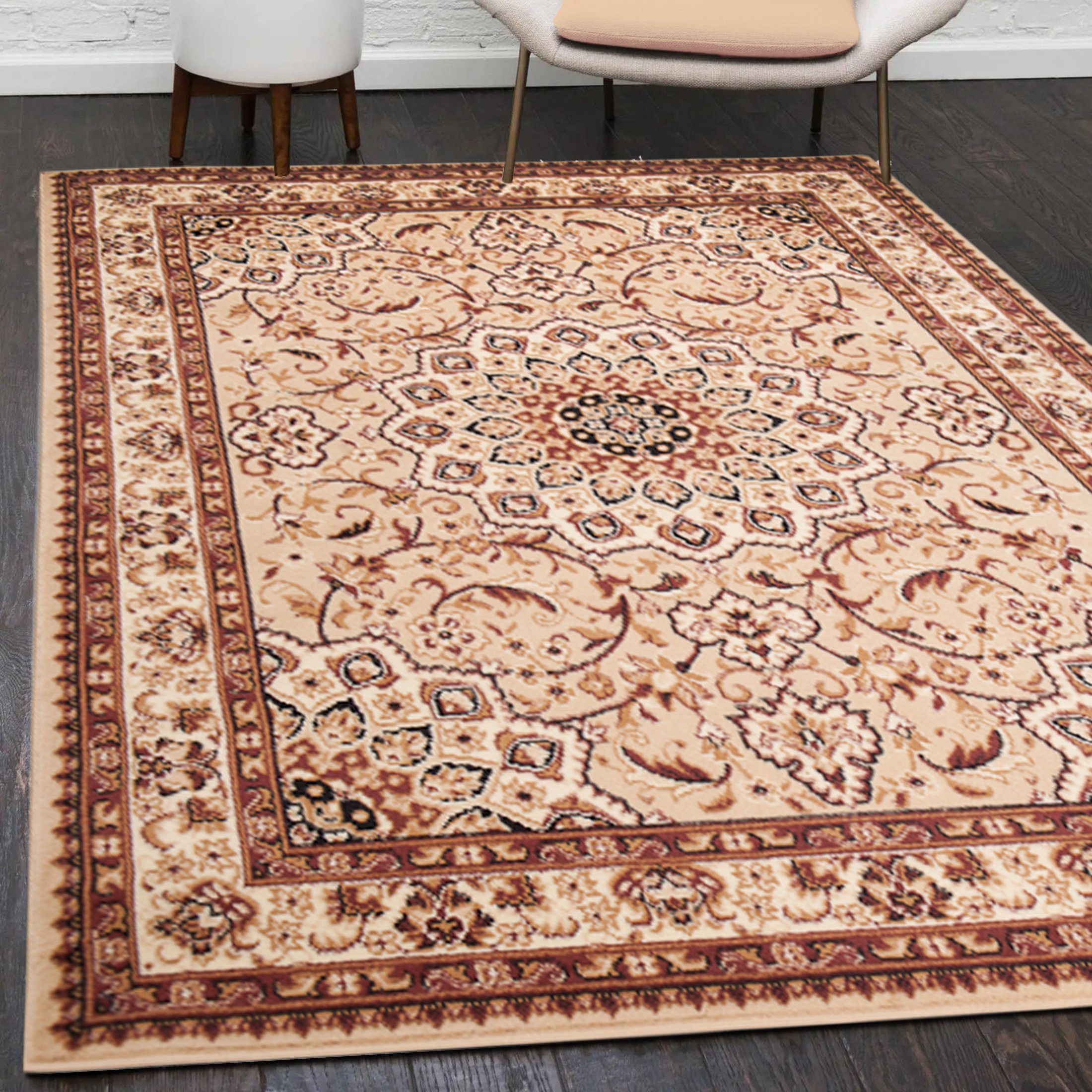 Orientteppich Orientalisch Vintage Teppich Kurzflor Wohnzimmerteppich Beige, Mazovia, 60 x 100 cm, Fußbodenheizung, Allergiker geeignet, Farbecht, Pflegeleicht Beige / F740A-LIGHTBEIGE