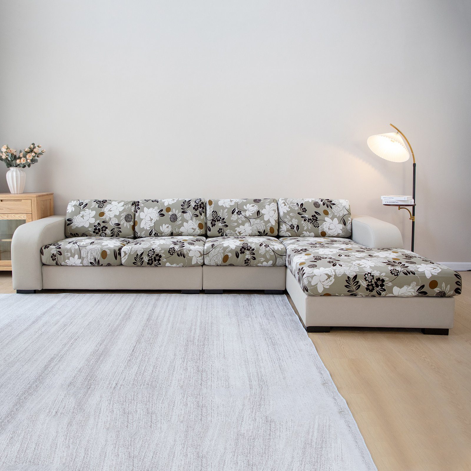 Sofa, Khaki ein Sofahusse Blumendruck, L-förmiges für Ultradünn, mit Stretch, Rosnek