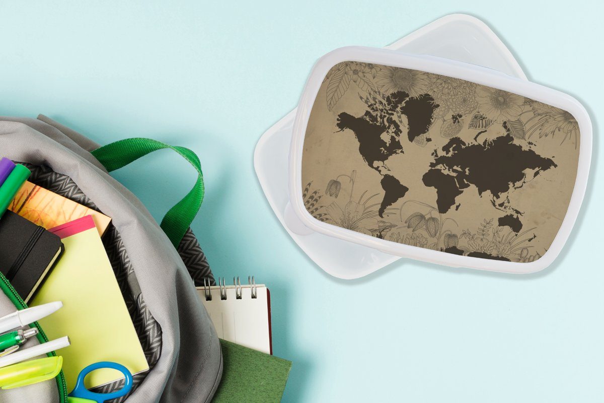 Weltkarte - Lunchbox MuchoWow Kinder Schwarz, für Mädchen - und Brotdose, Kunststoff, (2-tlg), für Erwachsene, weiß Jungs Vintage Brotbox und