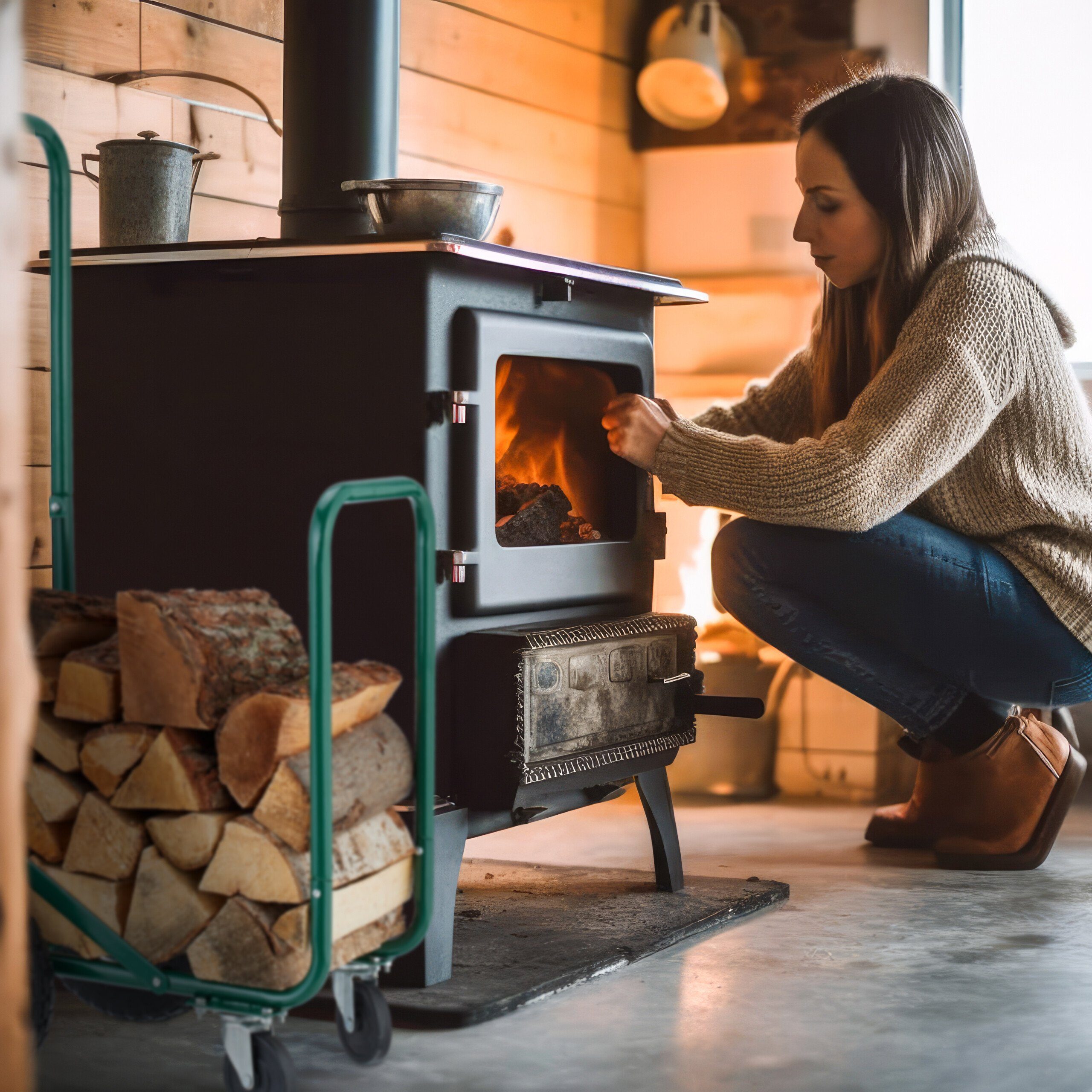 Grüner relaxdays mit Kaminholzwagen cm BxTxH:52x56x108 Kaminholzregal Luftreifen,