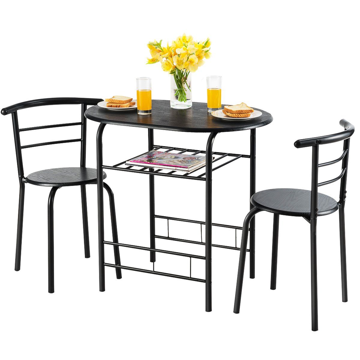 COSTWAY Küchentisch, mit Stühlen für 2, Esspruppe mit Stauraum, platzsparend Schwarz | Esstische