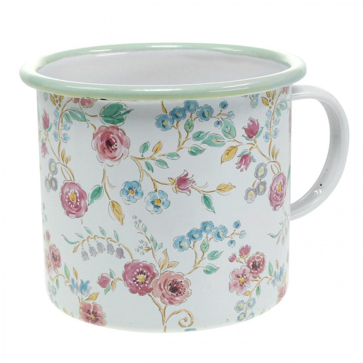 Florists Products Übertopf Pflanztasse Rosen Emaille Deko Tasse Weiß mit Henkel Ø9,5cm