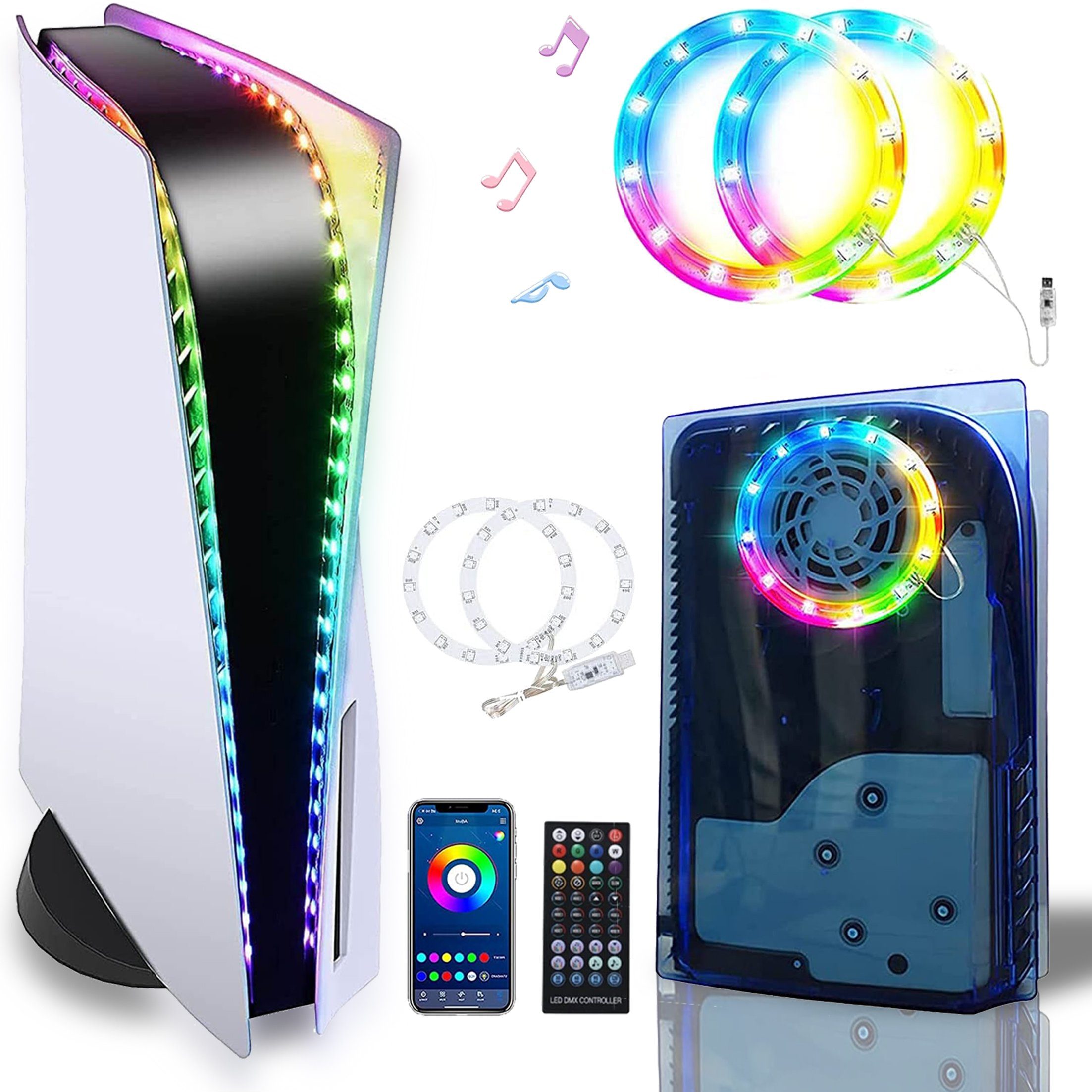 Tadow PS5-Konsole LED-Lichtleiste, USB-Taste/Fernbedienung/App, 8 Farben PlayStation 5-Controller