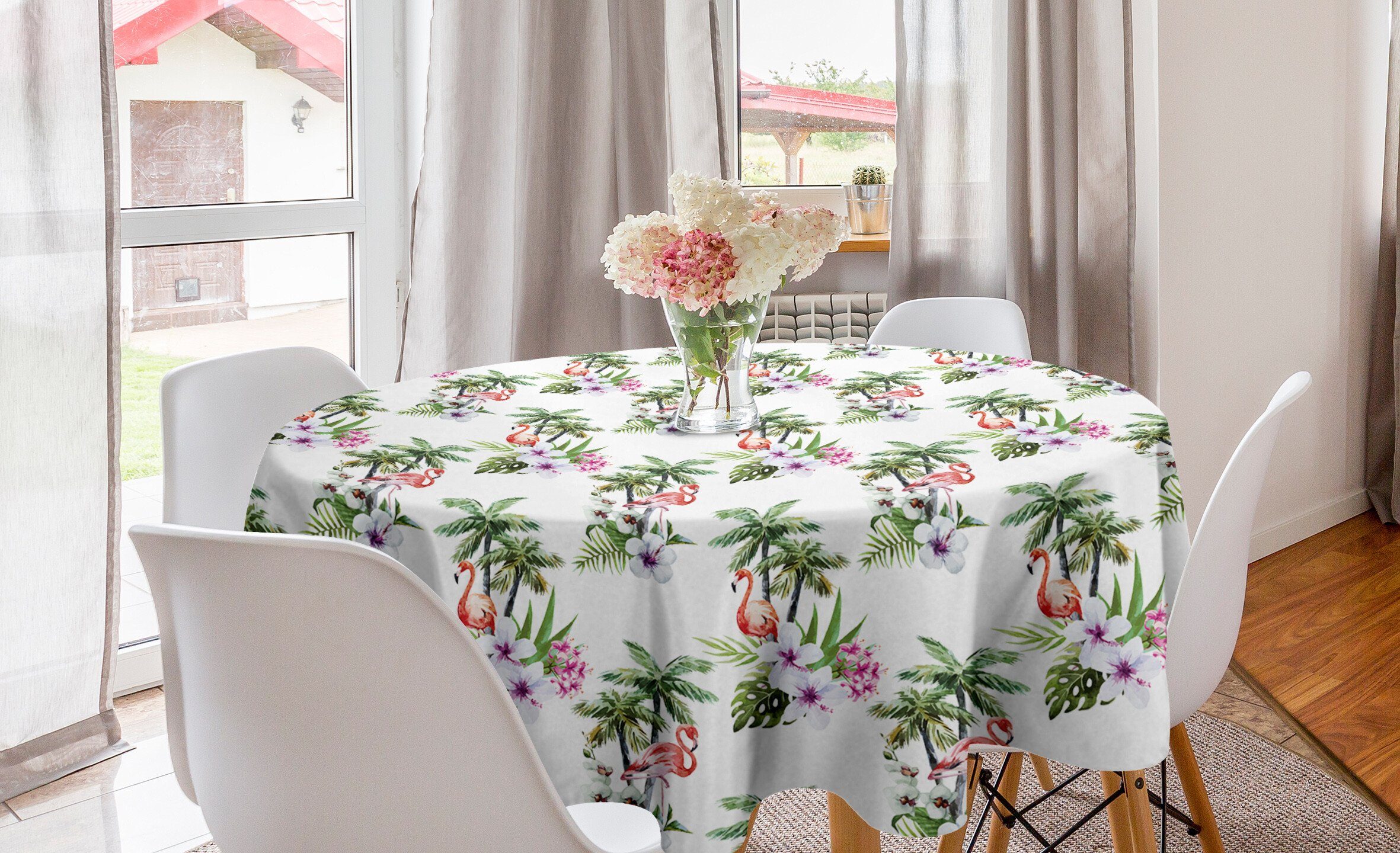 Abakuhaus Tischdecke Kreis Tischdecke Abdeckung für Esszimmer Küche Dekoration, Flamingo Aquarell Vögel Flora