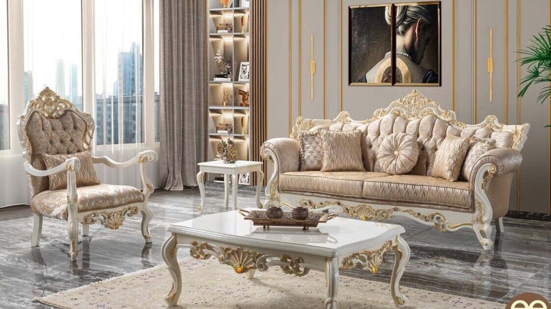 JVmoebel Wohnzimmer-Set Luxus Couchgarnitur Garnitur Polstersofa Chesterfield Sofa Beige, (3-St., 3 Sitzer + Sessel + Couchtisch), Made in Europe