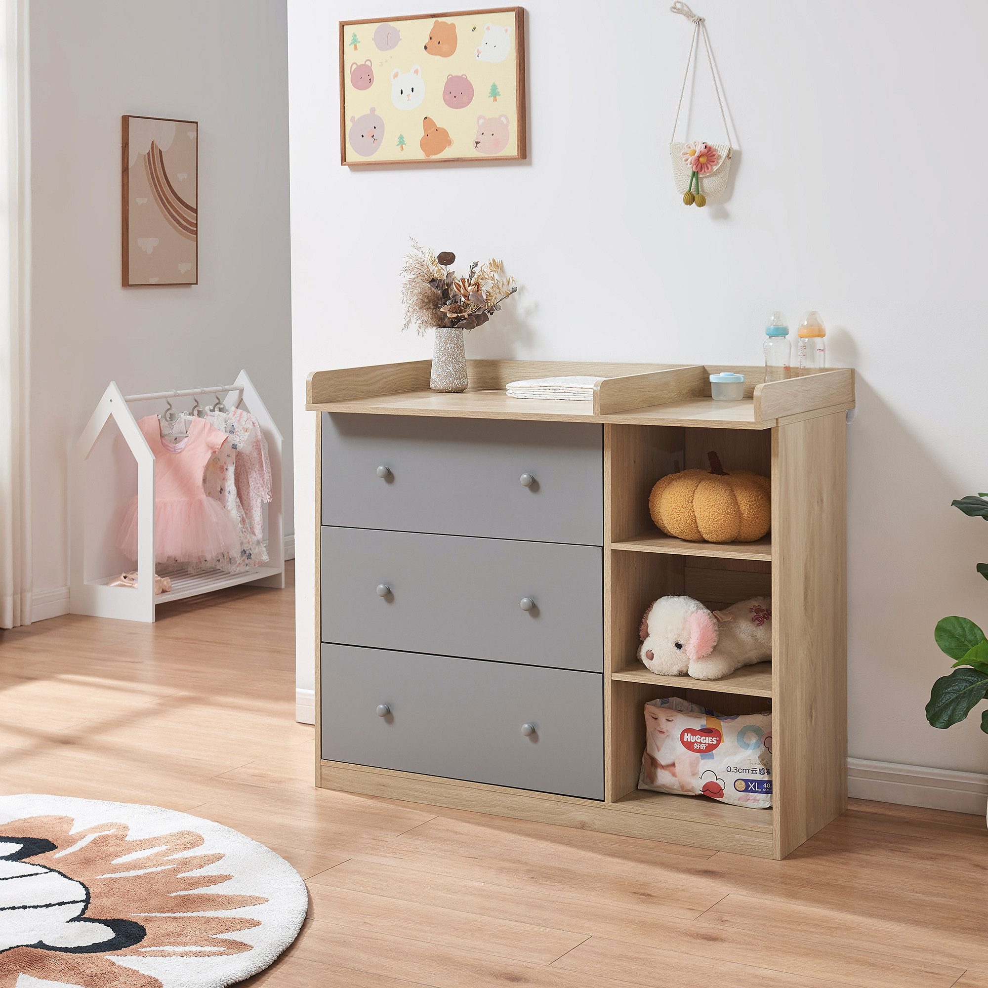 en.casa Wickelkommode, »Beldinupp« mit abnehmbarer Wickelauflage 93x110x55 cm Eiche/Grau