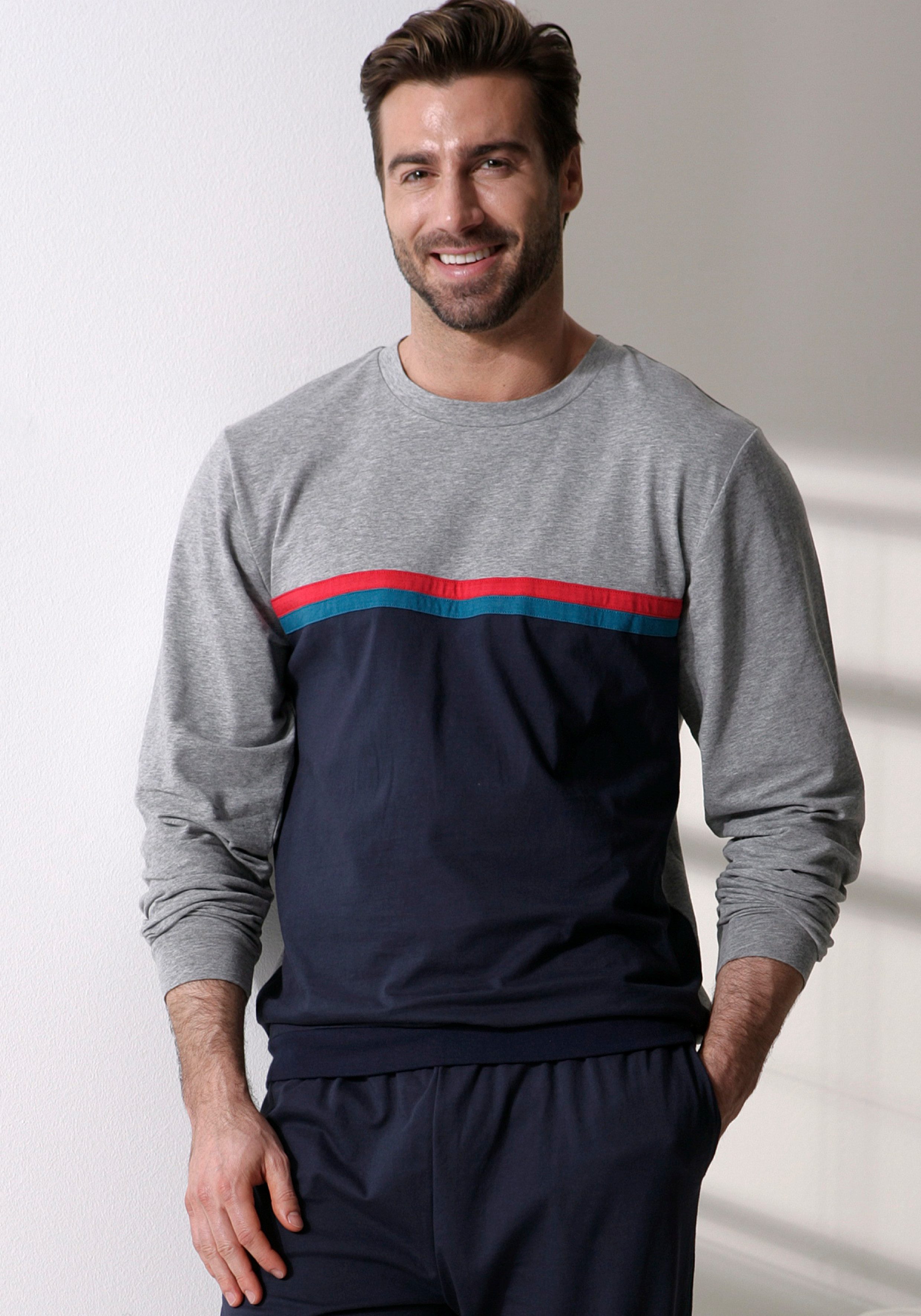 le jogger® Pyjama (2 tlg., 1 Stück) Schlafanzug in langer Form mit kontrastfarbenen Streifen
