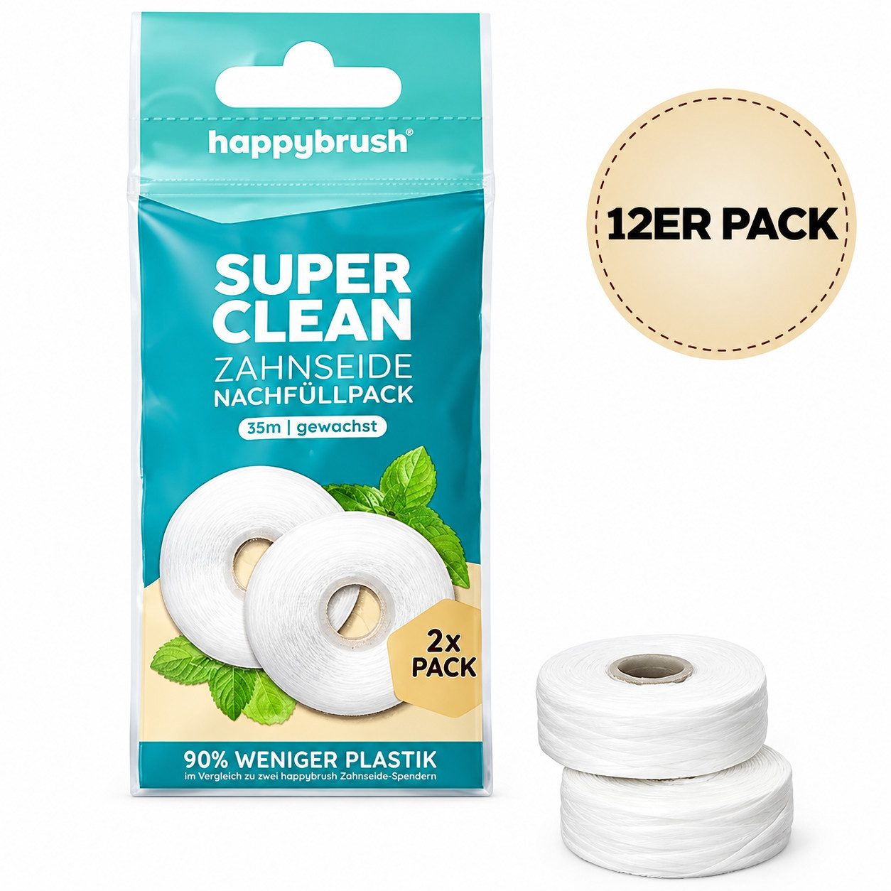 happybrush Zahnseide 12ER Zahnreinigung Nachfüllpack Minzgeschmack 2x35 m Dental Floss, Zahnpflege Rollen Mundpflege Zahnfaden Interdentalpflege Zahnhygiene