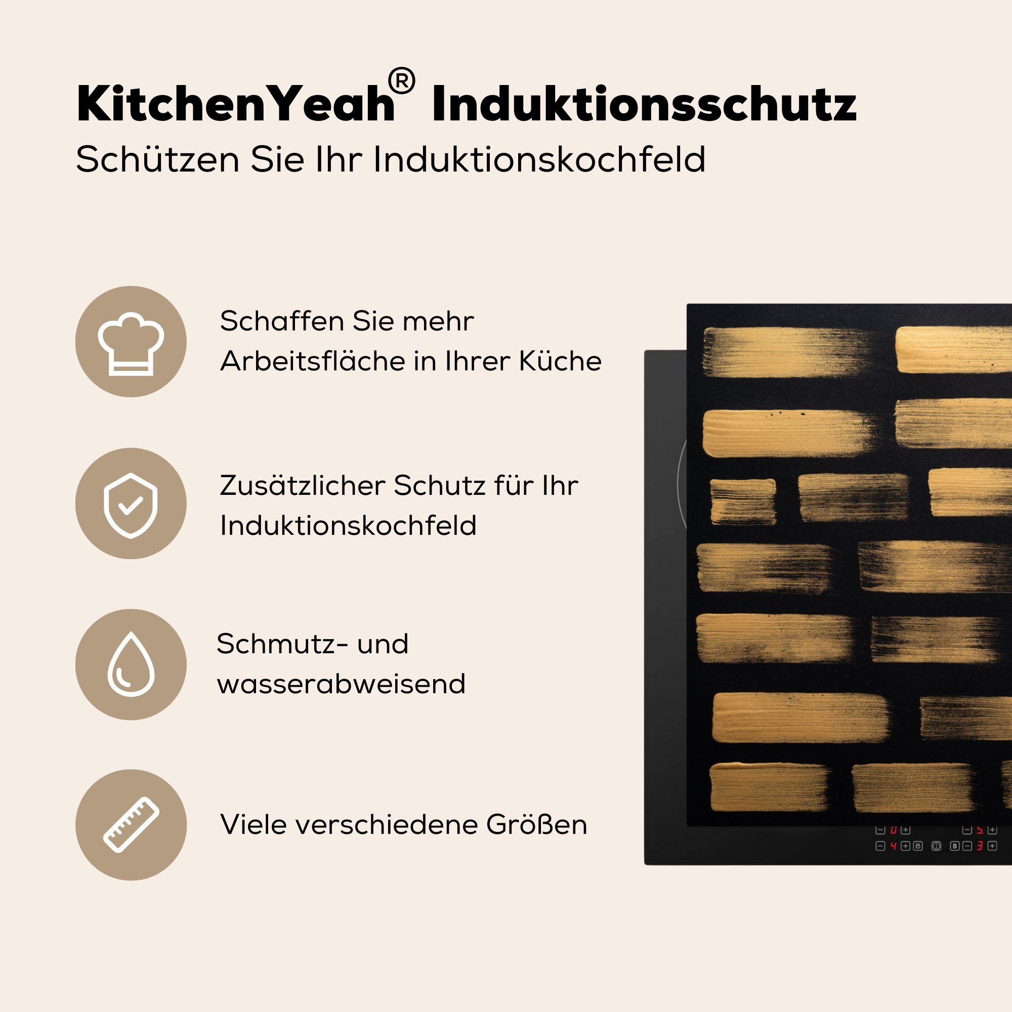 MuchoWow Herdblende-/Abdeckplatte Streifen (1 Goldfarbene tlg), auf küche, für 81x52 schwarzem Papier, Ceranfeldabdeckung Schutz die cm, Vinyl, Induktionskochfeld
