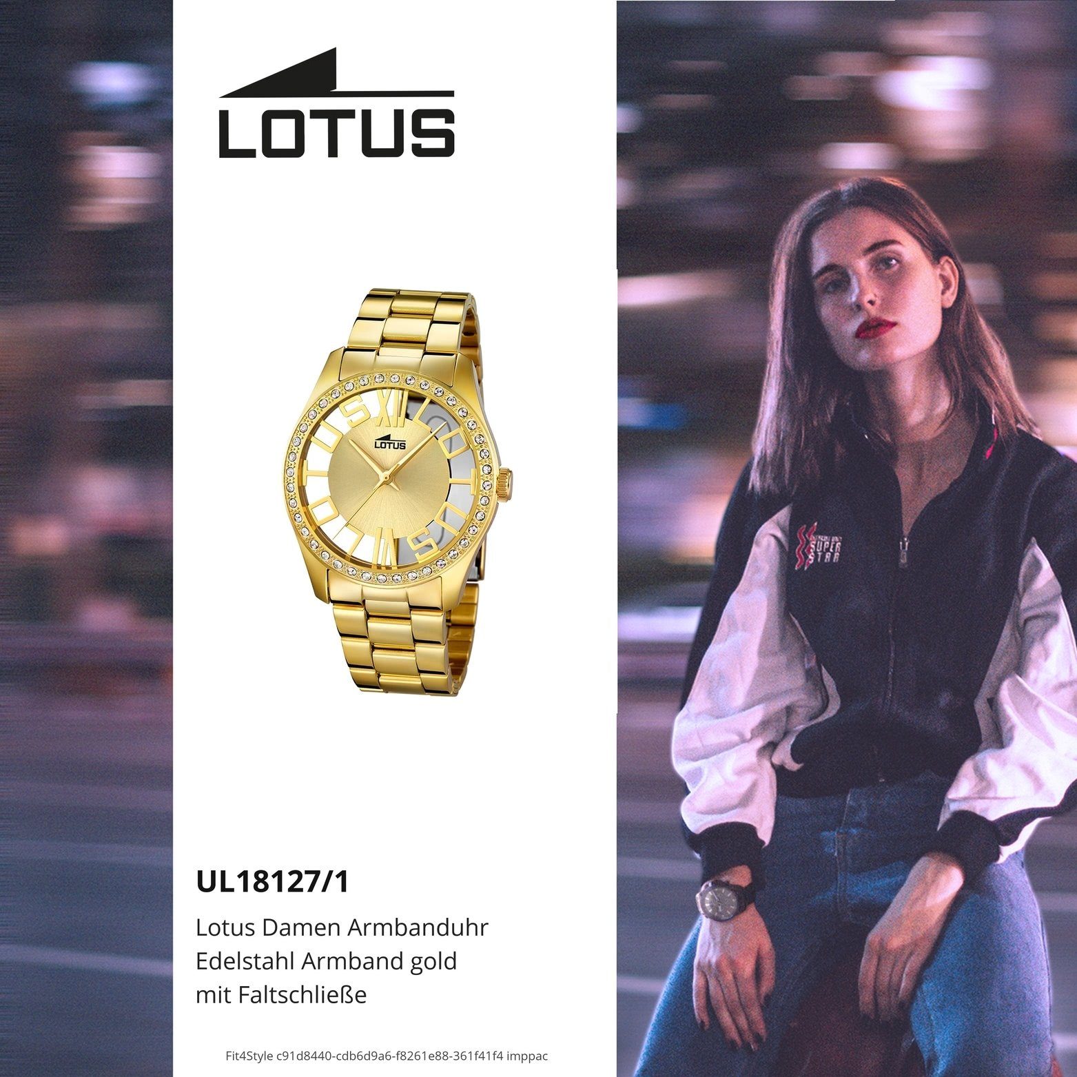 Lotus Quarzuhr Lotus Edelstahl Damen (ca. rundes Gehäuse, mittel Fash 38mm), L18127/1, Edelstahlarmband, mit Uhr Damenuhr