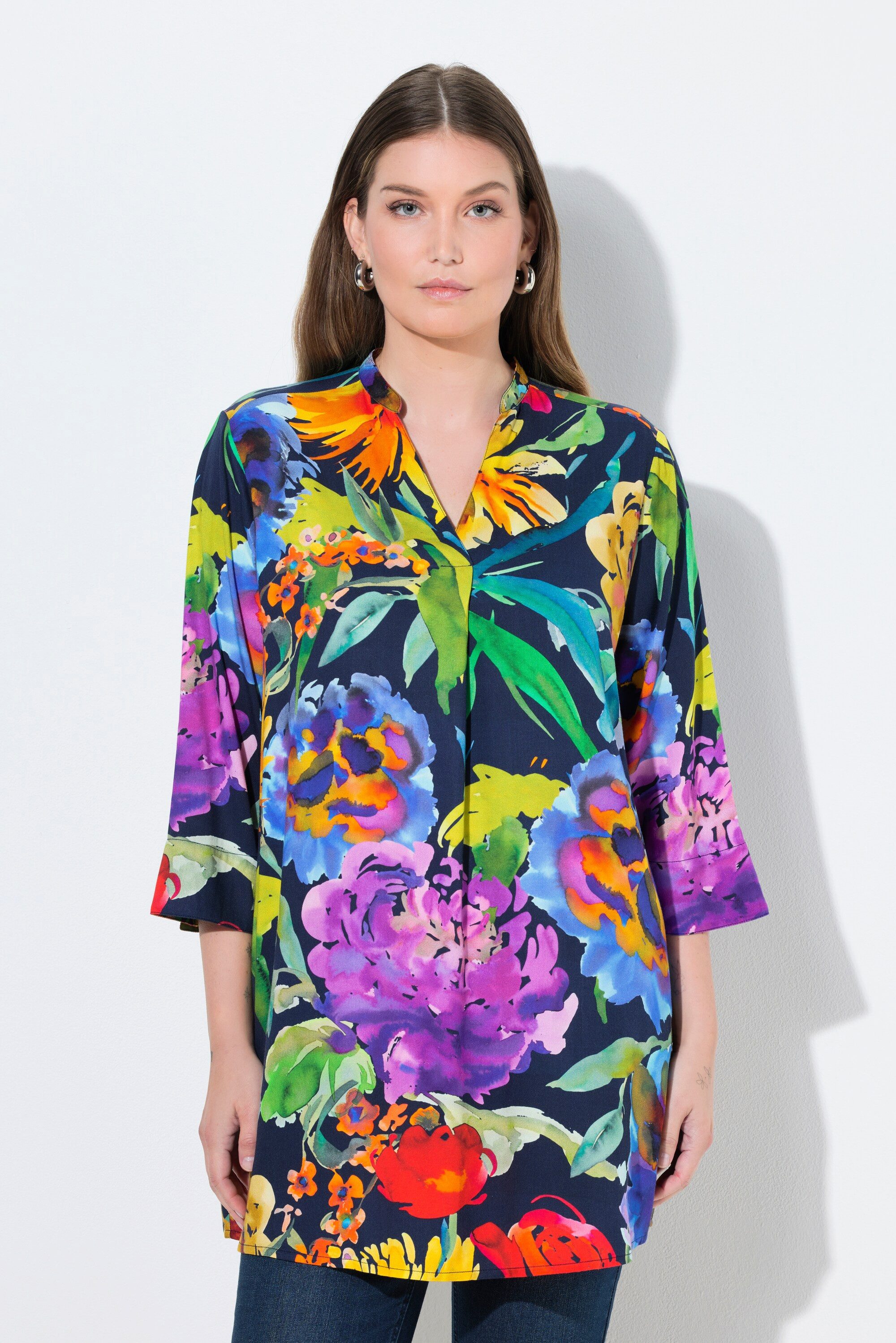 Ulla Popken Tunika Tunika Stehkragen V-Ausschnitt Zierfalte 3/4-Arm