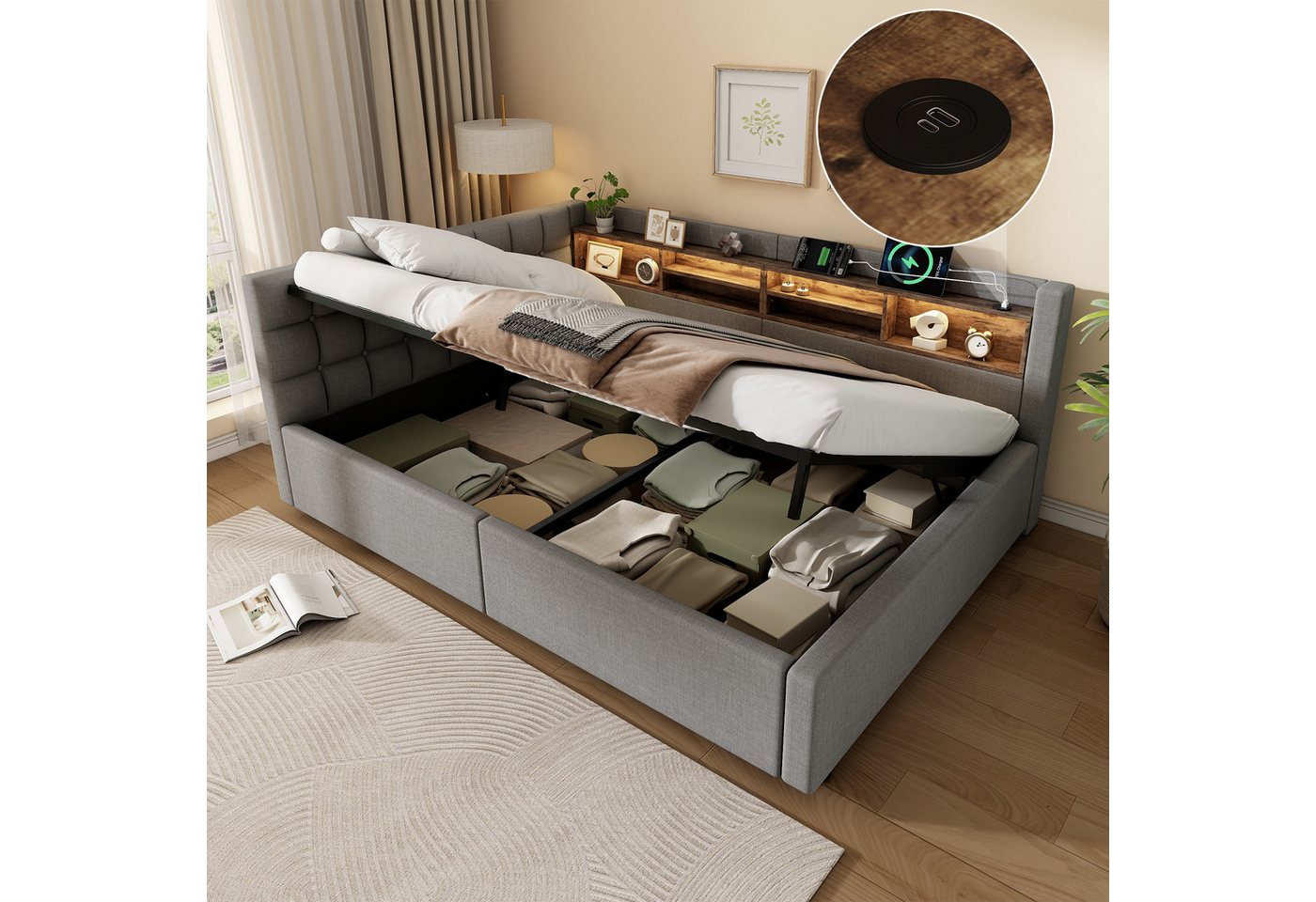 Merax Daybett mit LED-Beleuchtung & USB-Anschluss, Polsterbett mit Leinenbezug (Schlafsofa Jugendbett, 1 tlg), Tagesbett 140x200cm mit hydraulischem Stauraum & Seitenregalen