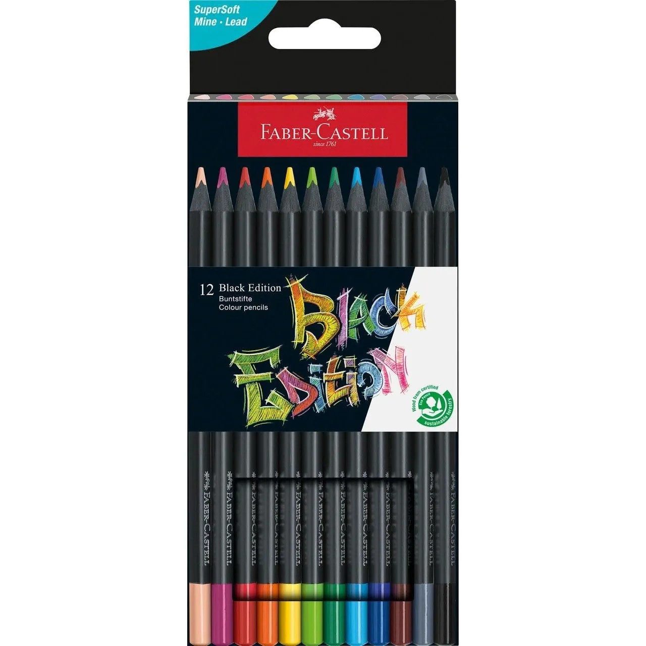 Faber-Castell Buntstift Black Edition Buntstifte 12er Kartonetui ergonomisch, SuperSoft-Mine
