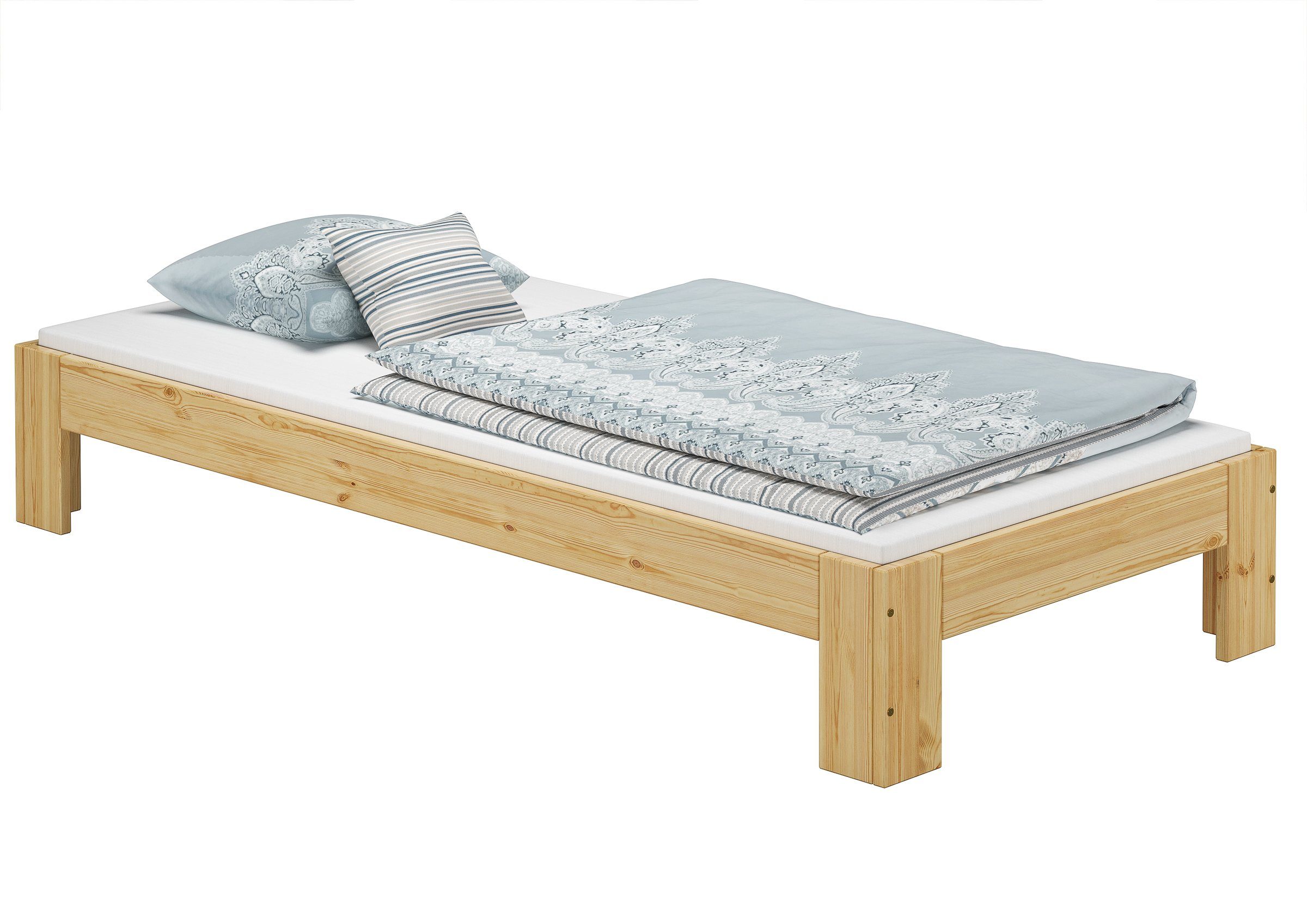 ERST-HOLZ Bett Futon Einzelbett Rollrost und massiv lackiert Matratze, 90x200 Kieferfarblos Kiefer