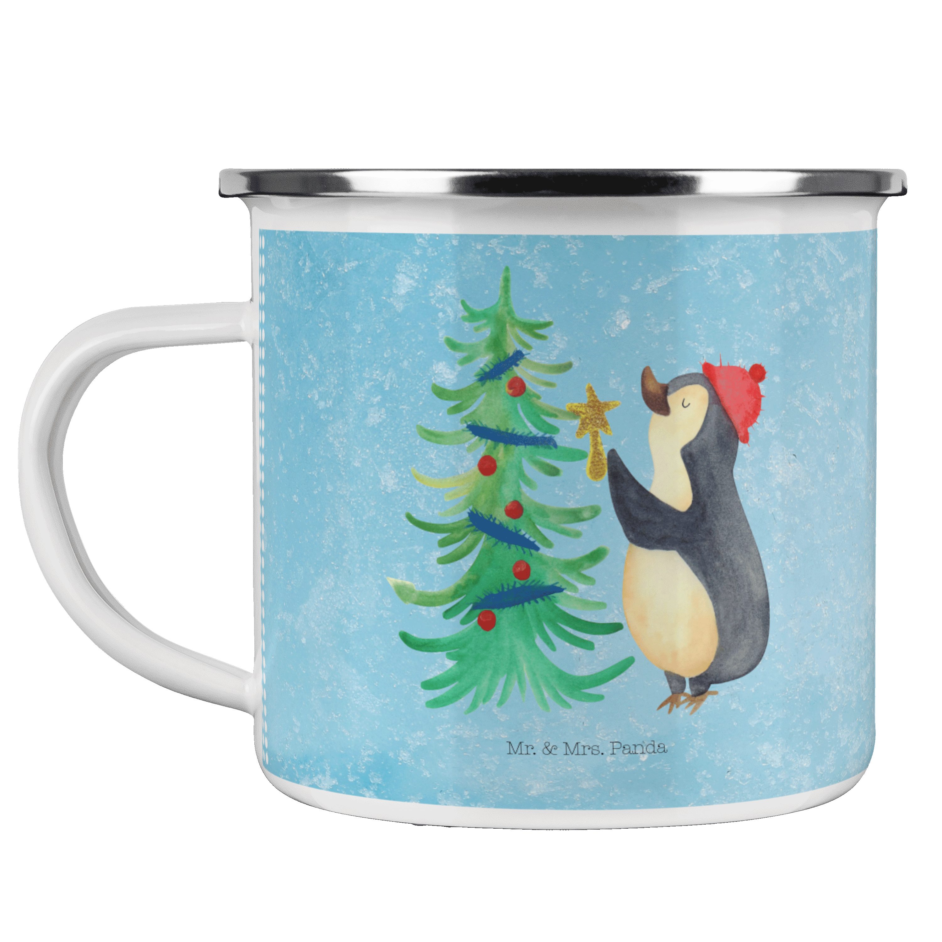 Mr. & Mrs. Panda Becher Pinguin Weihnachtsbaum - Eisblau - Geschenk, Heiligabend, Outdoor Tas, Emaille