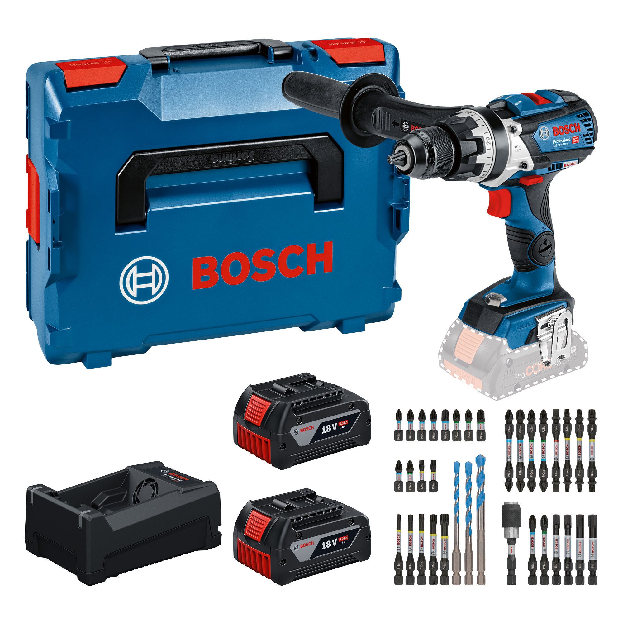 Bosch Professional Akku-Bohrmaschine COMBO KIT GSB 18V-110 C, GSB 18V-110 C + 2x GBA 5.0Ah + GAL 12V/18V-80 + Bit-Set in L-BOXX