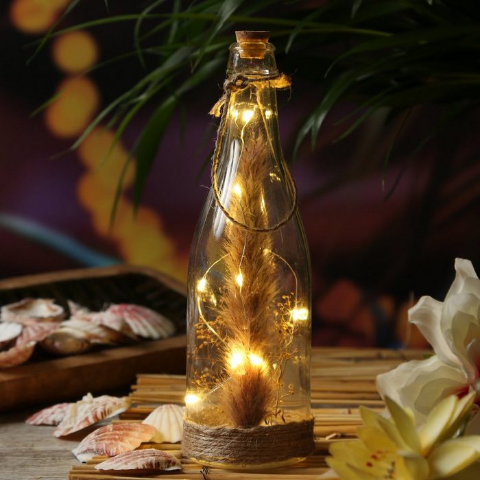 MARELIDA LED Dekolicht LED Flasche mit Trockenblumen beleuchtet zum Hinstellen Hängen Leuchtflasche LED Classic warmweiß (2100K bis 3000K)