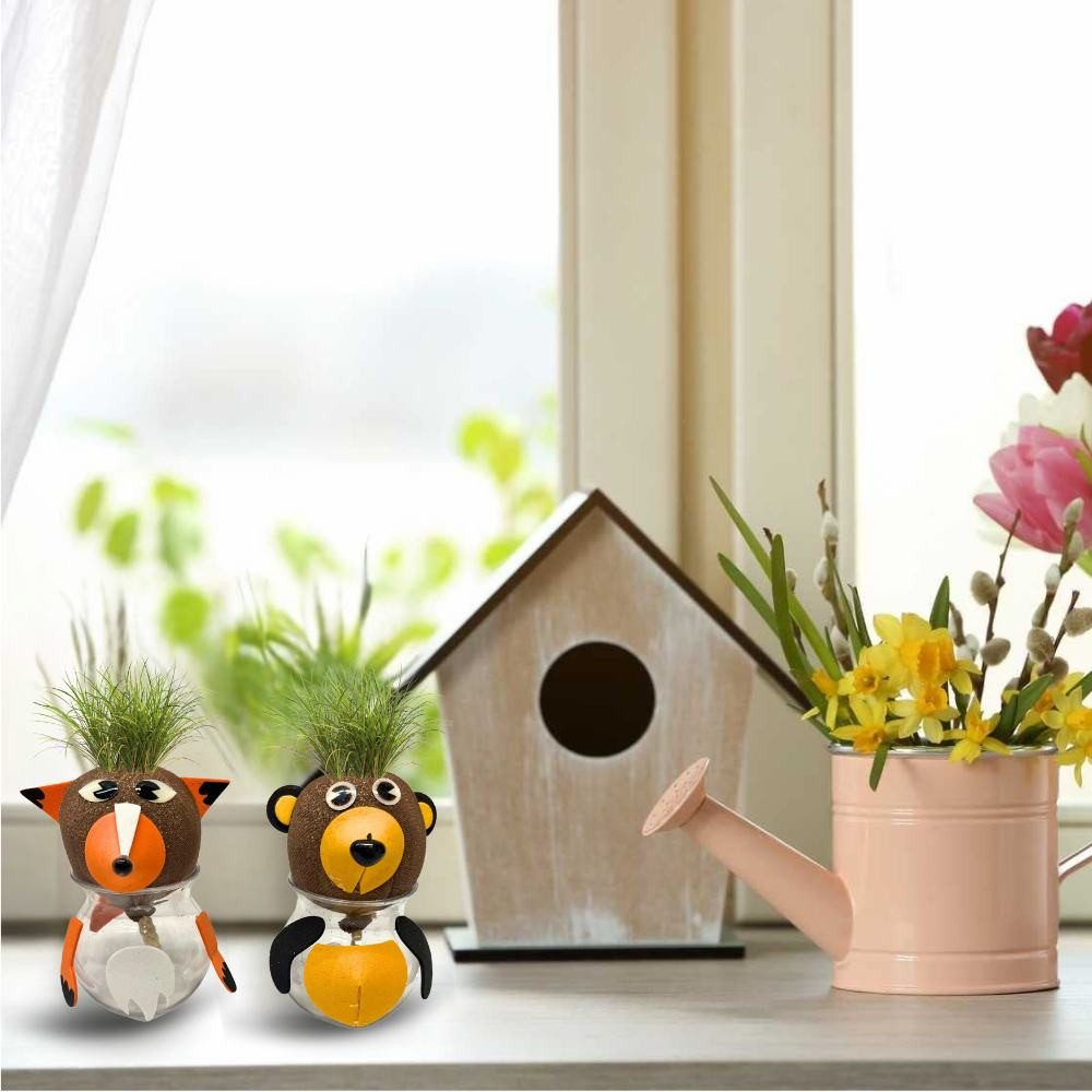 Bada Bing Glasblume Tier Graskopf in kleiner Vase Rasenkopf (4er Set Waldtiere, 4 St), Rasensamen