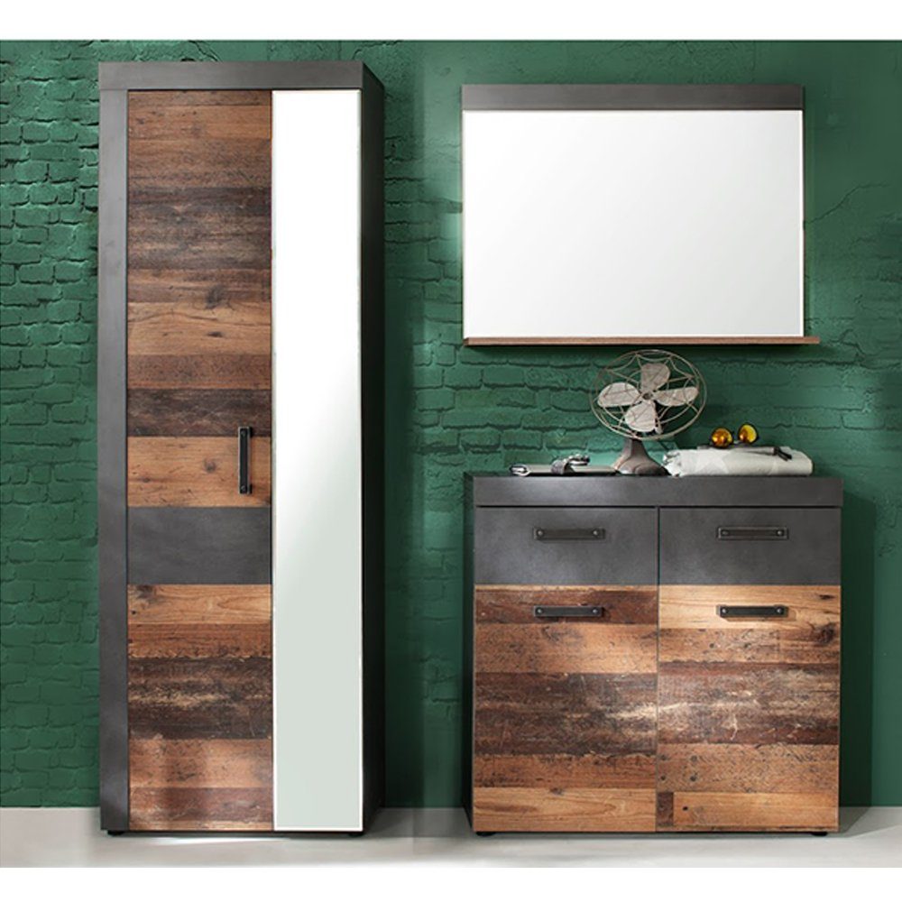 trendteam Garderoben-Set, Garderobenmöbel Kommode Hochschrank Spiegel Braun/Grau 170x192x34cm