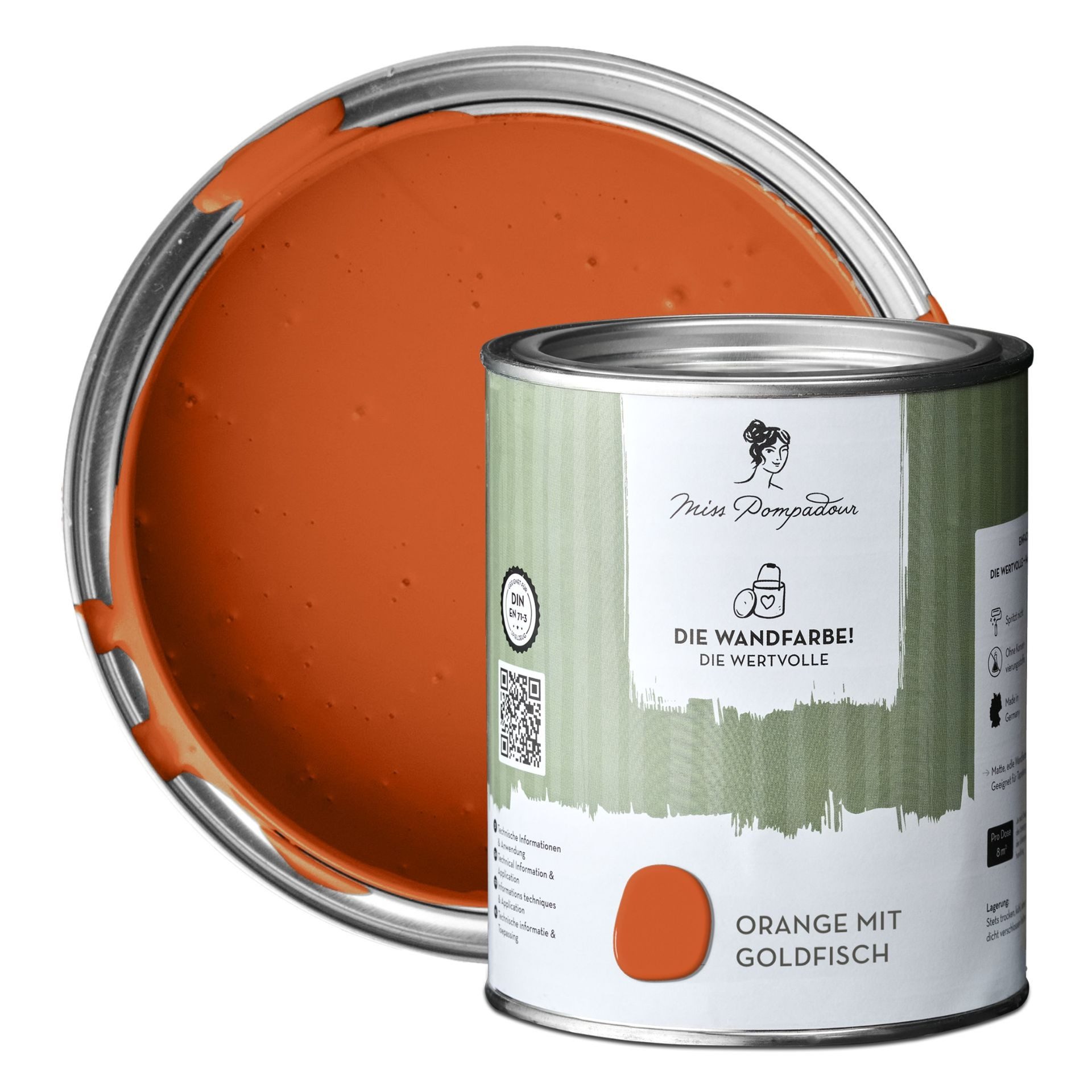MissPompadour Wandfarbe Orange mit Goldfisch - matte Wandfarbe mit sehr hoher Deckkraft 1 L, geruchsneutrale und spritzfreie Innenfarbe, wasserbasiert