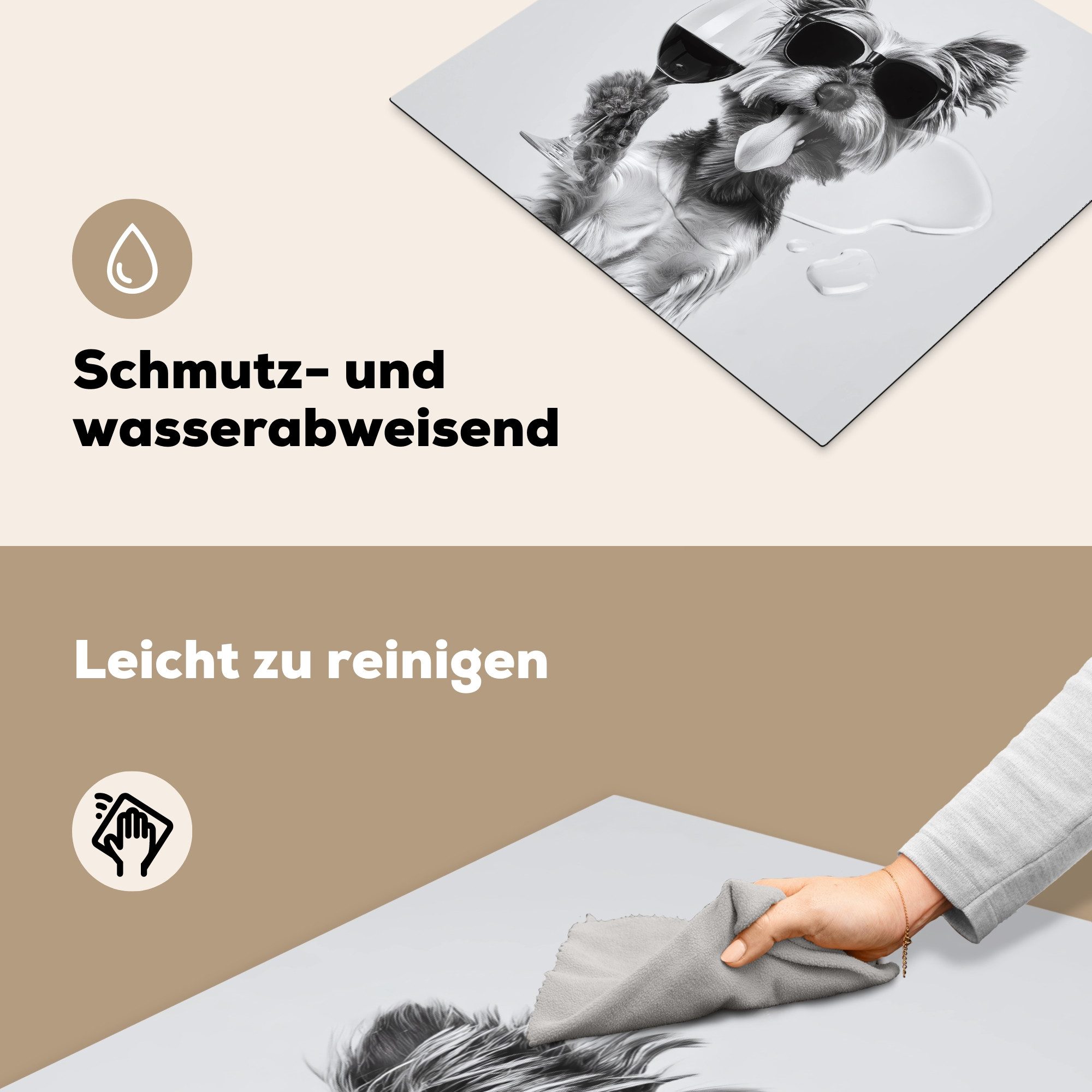 MuchoWow Herd-Abdeckplatte Hund - Weinglas - Sonnenbrille - Enthusiastisch, Vinyl, (1 tlg), Abdeckplatte für Ceranfeld, Herd Inductionsmatte, 60x50 cm