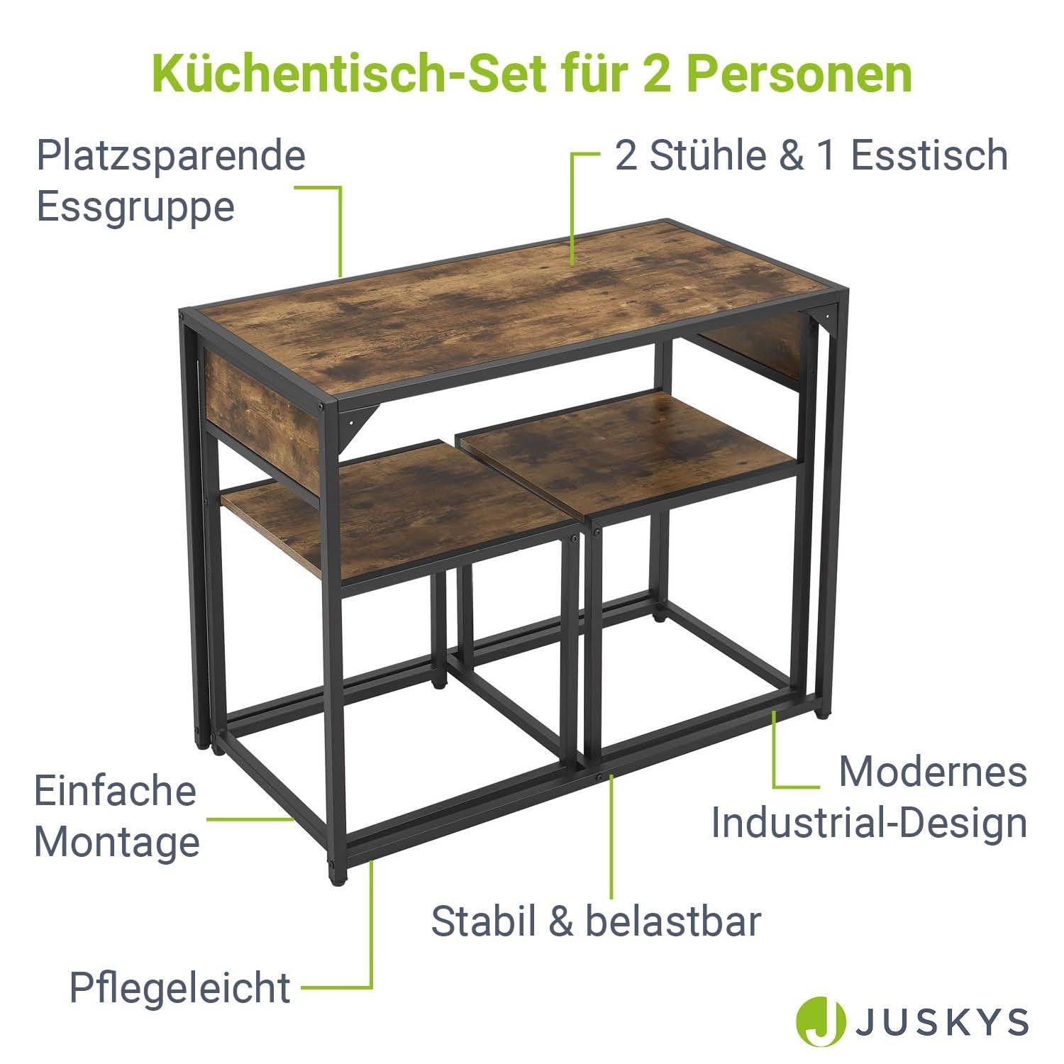 Juskys Küchentisch, 3-teilig, klein, platzsparend, Personen, Holzoptik Antike Industrial für Design 2