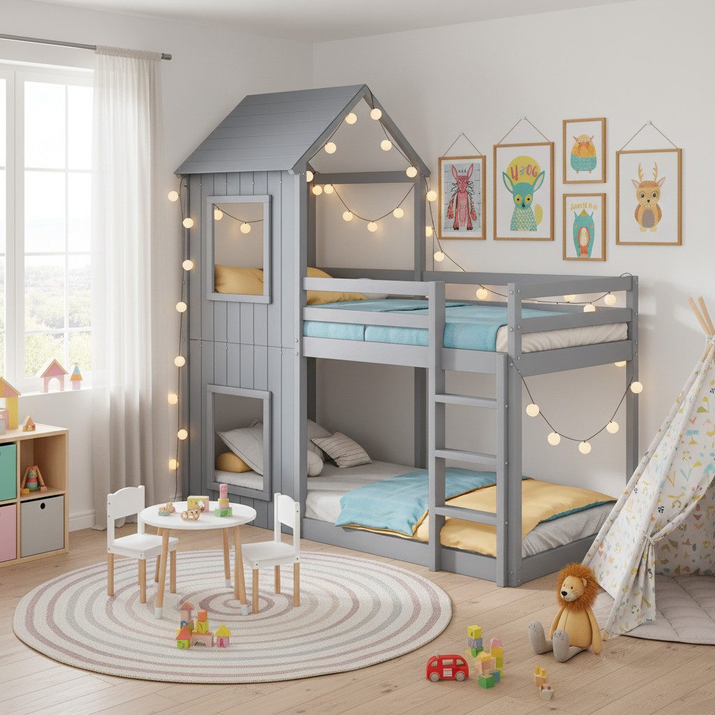 Flieks Etagenbett, Hochbett mit Treppe Hausbett Kinderbett 200x90cm Kiefer