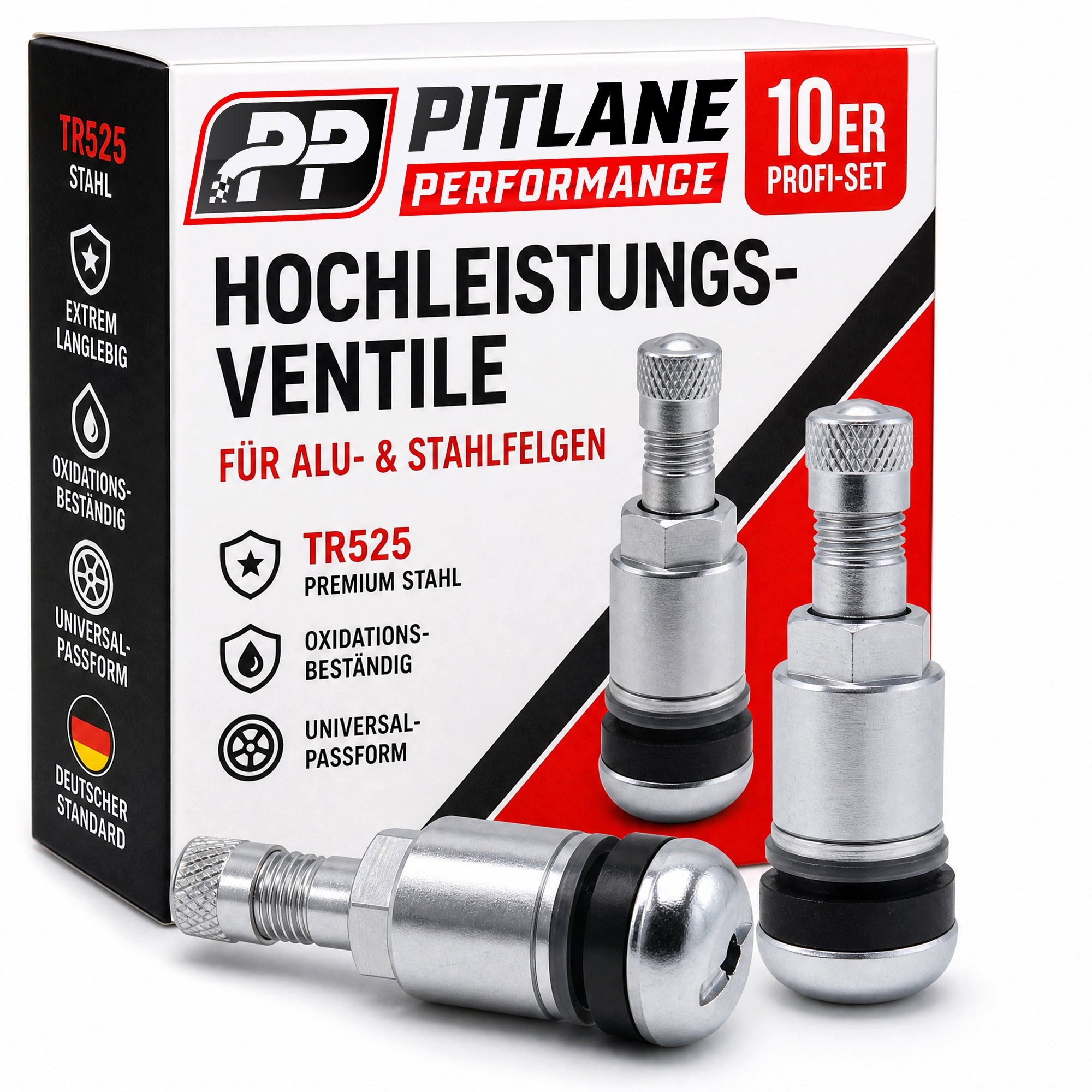 Pitlane Performance Reifen-Reparaturset TR525 Metallventil aus Aluminium Universelles Reifenventil, für 11,3mm Felgenloch, 2-St., Schraubventil für PKW, Wohnmobil & Anhänger, Reifenventil für KFZ Fahrzeuge