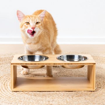 Navaris Tier-Beschäftigungsspielzeug 2x Futternapf Katze mit Halterung - Futterstation Set, Bambus