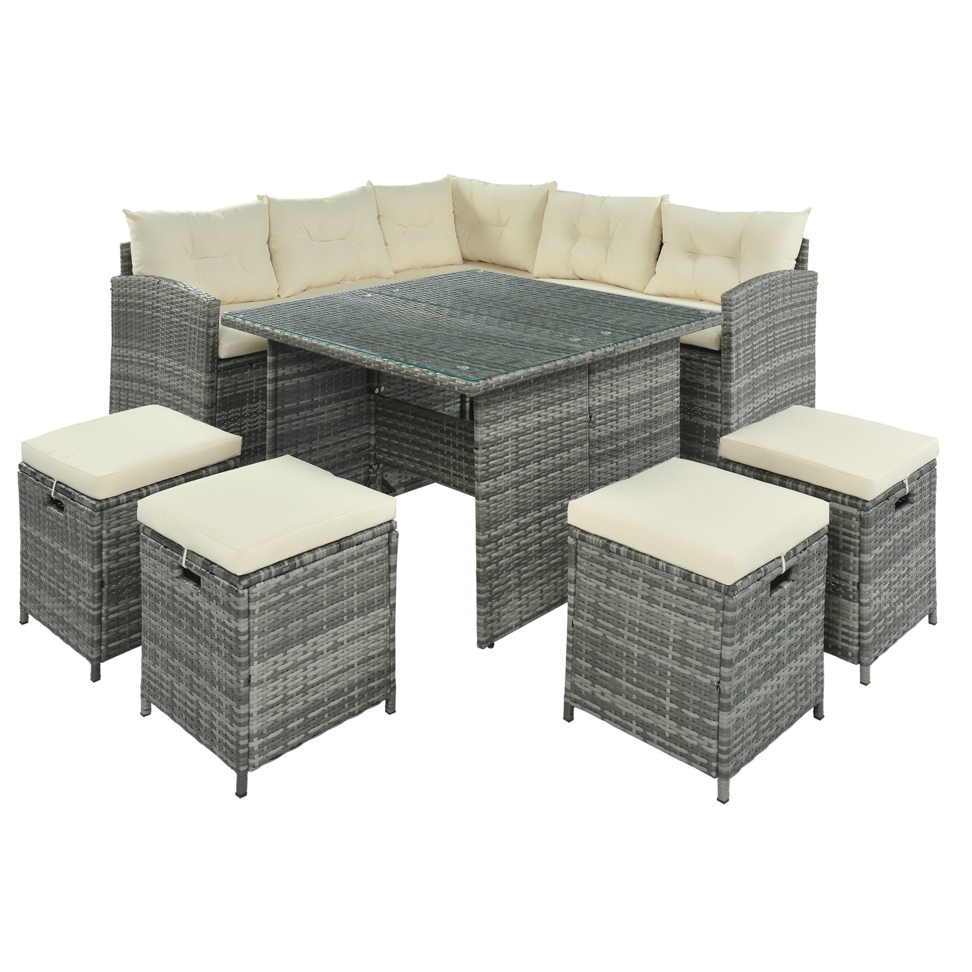 Gartenlounge-Set, (8-tlg), 2 Sofa, 4 Hocker, Tisch 100x100 cm, Polyrattan, mit Auflagen