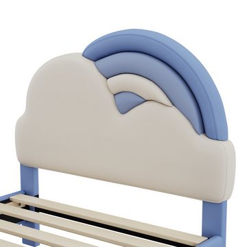 MODFU Kinderbett mit kuscheligem Regenbogenwolken-Kopfteil (Kinderbett, Holzlattenrost 90x200cm), ohne Matratze