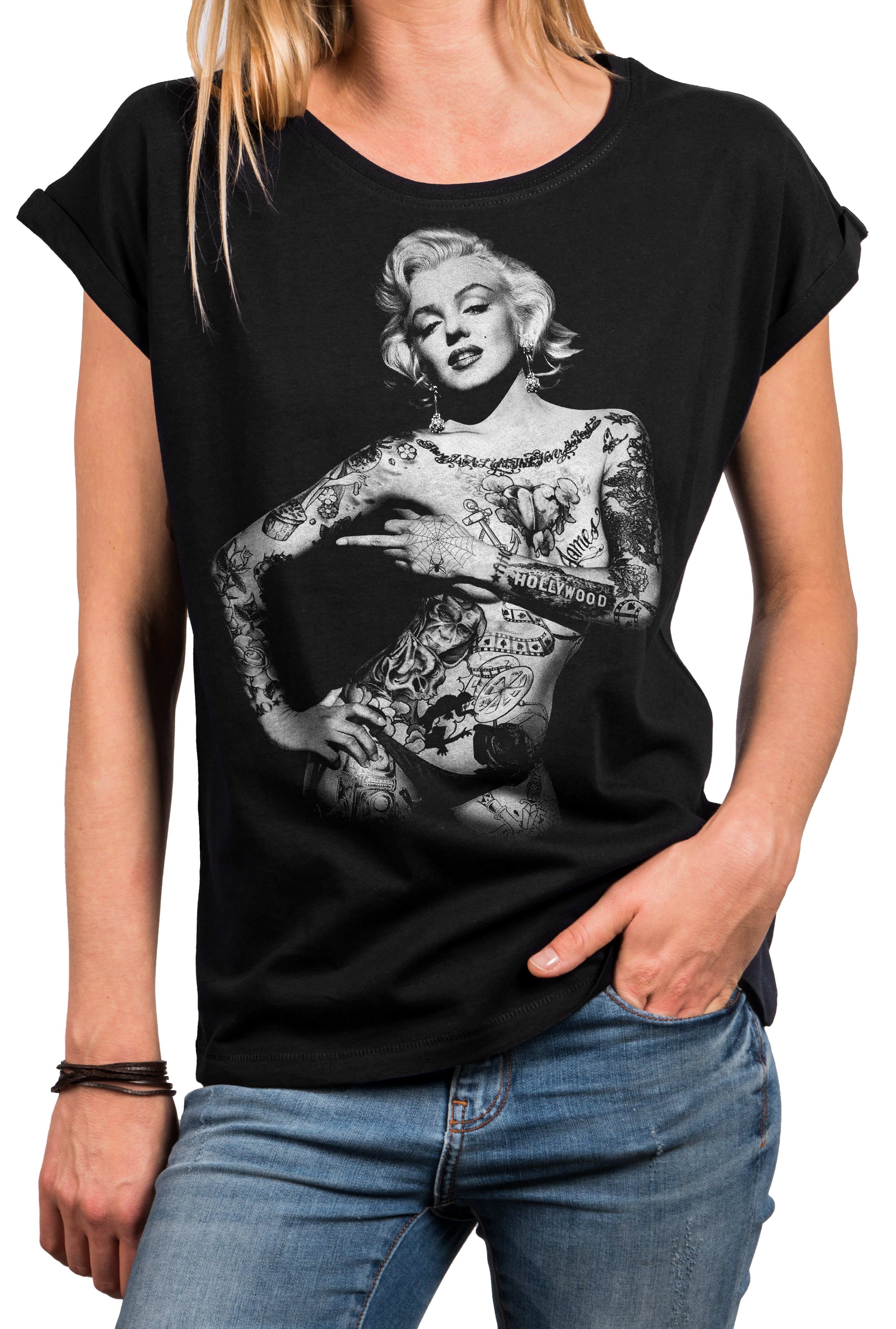 Cool Größen (Kurzarm Top Lässig Sommer MAKAYA Frech große Aufdruck Schwarz, Vintage Print-Shirt Rock Motiv Baumwolle, Damen Rundhals, Tattoo Grau, Blau)