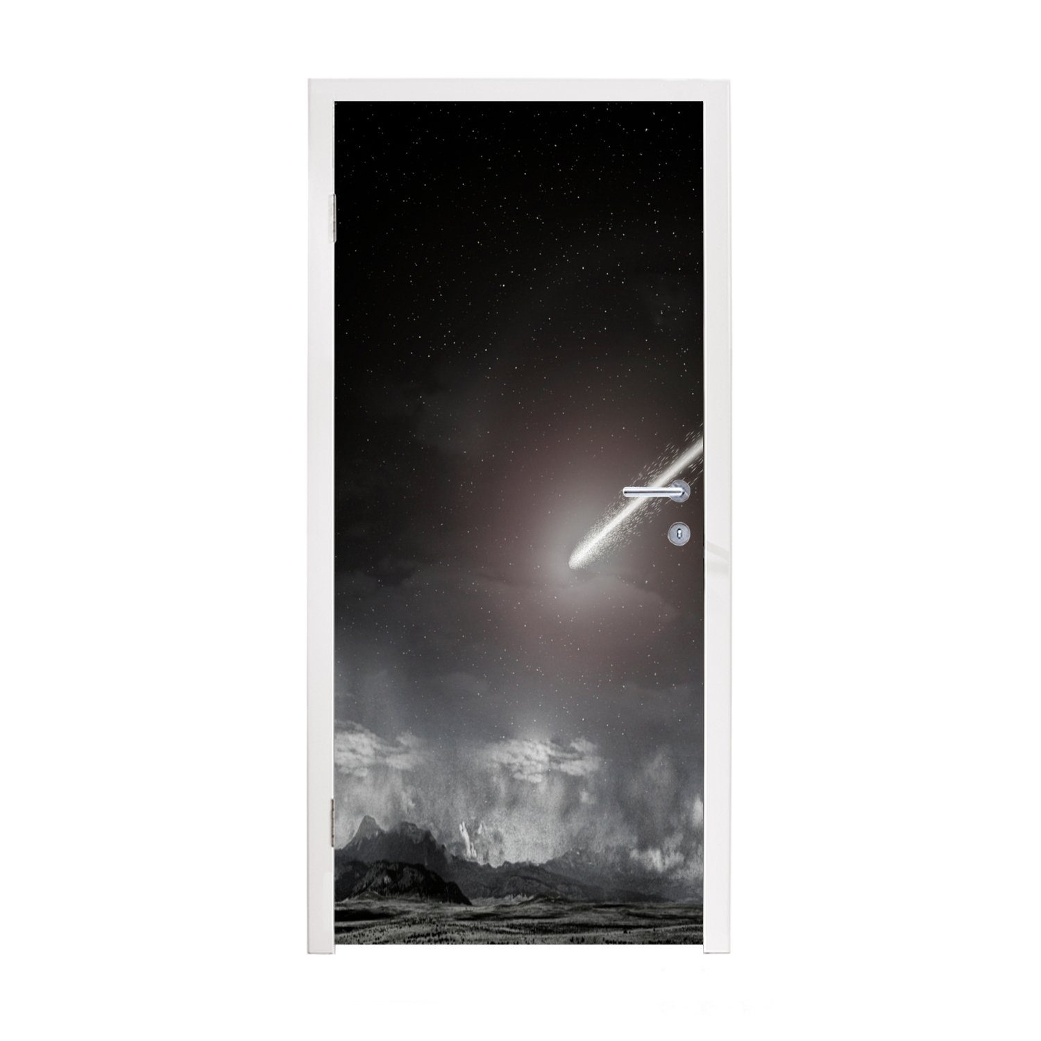 MuchoWow Türtapete Ein Komet über einer fernen Landschaft, Matt, bedruckt, (1 St), Fototapete für Tür, Türaufkleber, 75x205 cm