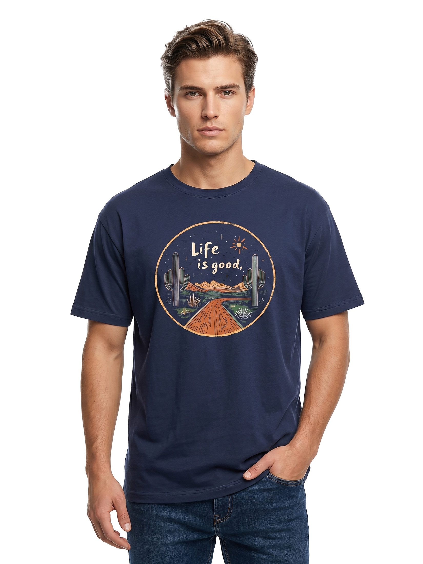 MAKAYA T-Shirt Printshirt für Herren – Kaktus & Life is Good Wandermotiv (Schwarz, Blau, Grün, Blaugrau, Dunkelgrau, S, M, L, XL, XXL, 3XL, 4XL, 5XL) Baumwolle