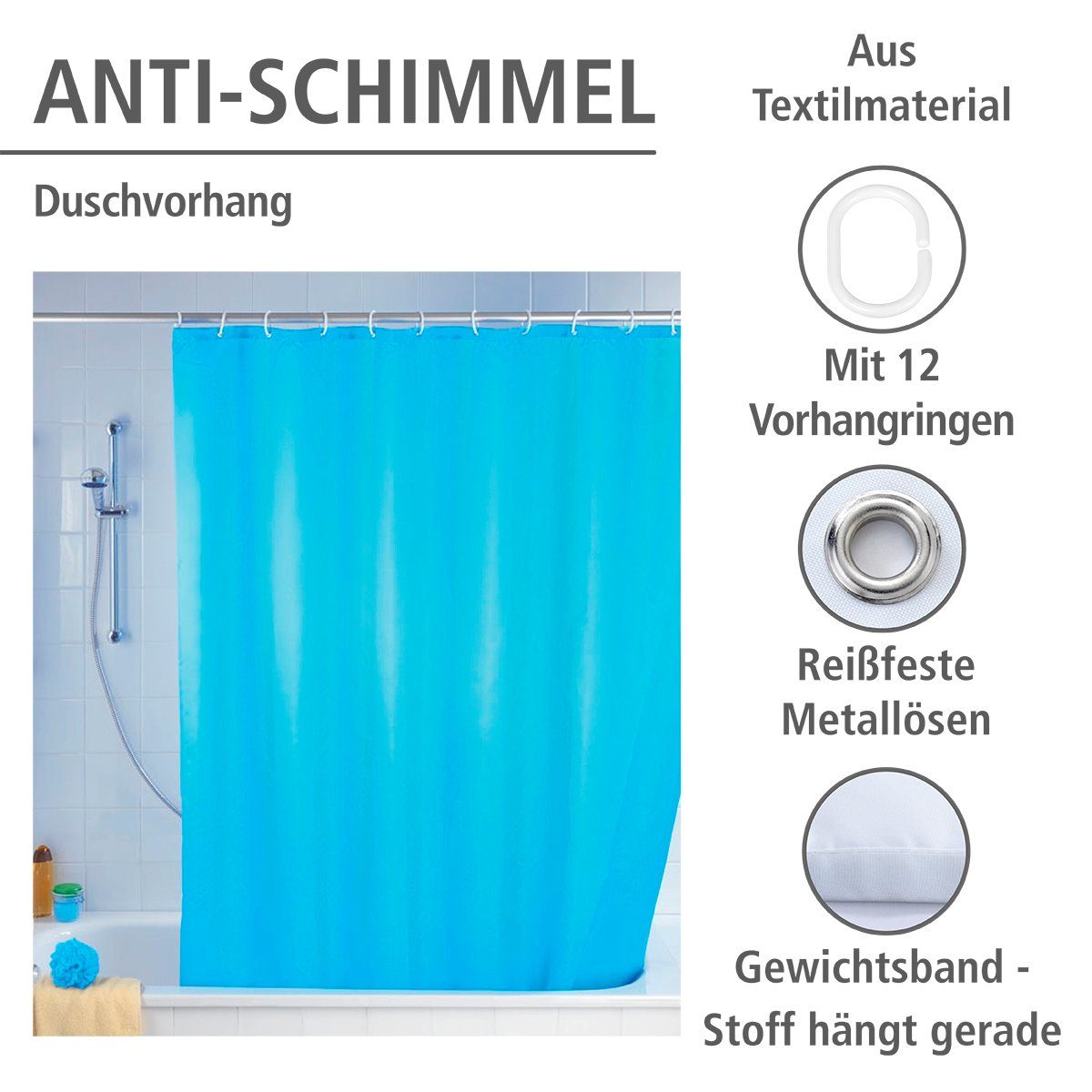 WENKO Duschvorhang Uni Light Blue Breite 180 cm, Höhe 200 cm, Polyester, waschbar