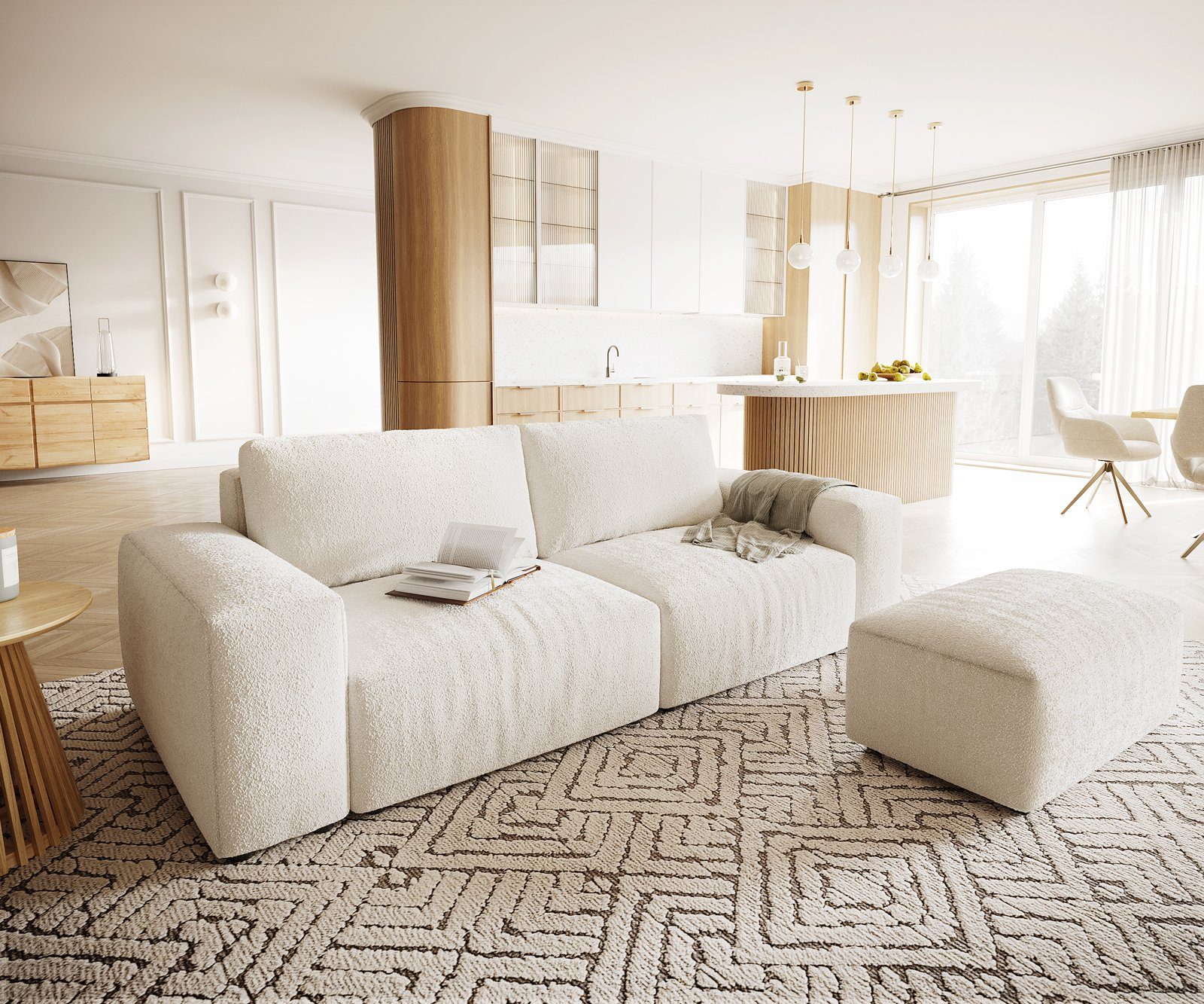 DELIFE Big-Sofa Lanzo, XL Bouclé Creme-Weiß 270x130 cm mit Hocker