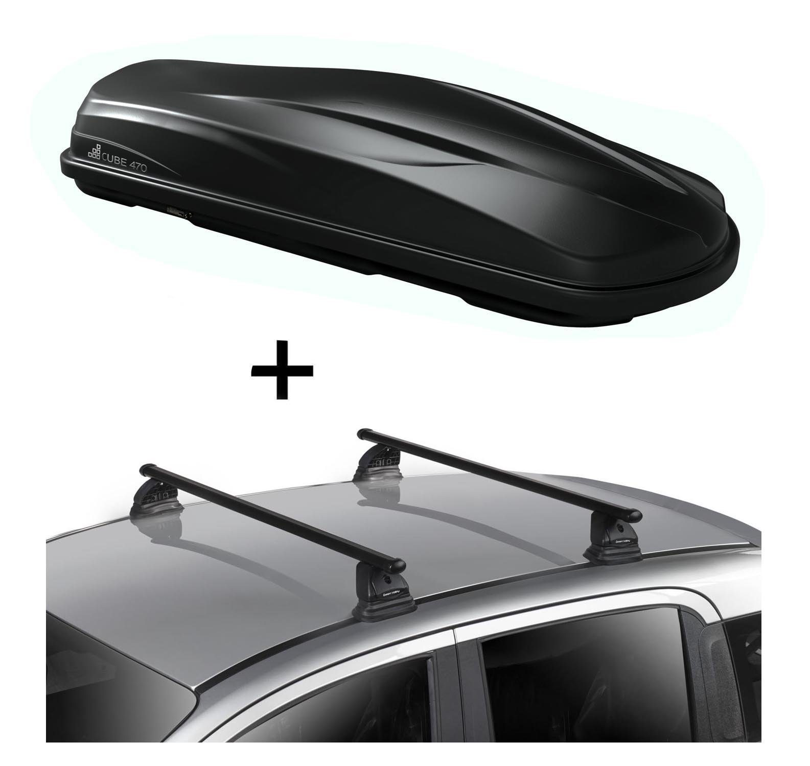 VDP Dachbox, Dachbox CUBE470 470 Liter schwarz glänzend + Dachträger VDP EVO Stahl kompatibel mit Mercedes Classe B (W247) 5 Türer ab 2019