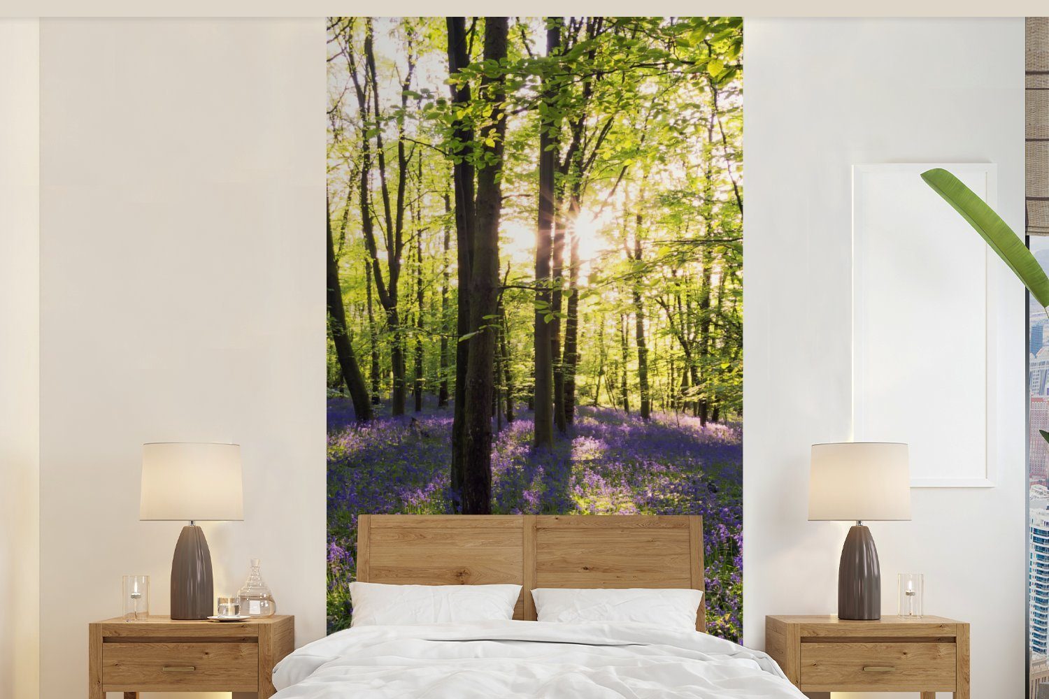 MuchoWow Fototapete Wald - Blumen - Lavendel, Matt, bedruckt, (2 St), Vliestapete für Wohnzimmer Schlafzimmer Küche, Fototapete
