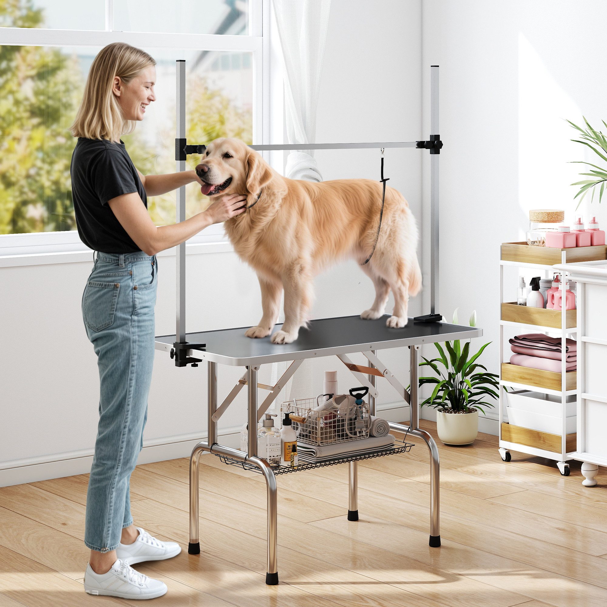 PawHut Hundeschermaschine Hunde Höhenverstellbar Tier Klappbar Hundefriseur Tisch, Pflegetisch, für Innenbereich, Schwarz